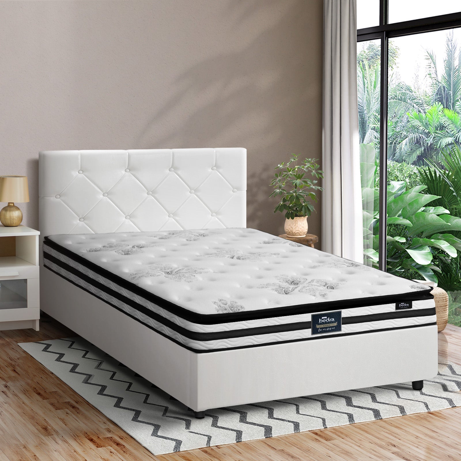 Oikiture Bed Frame King Single Size Gas Lift Base with Mattress White Leather - Sunyee