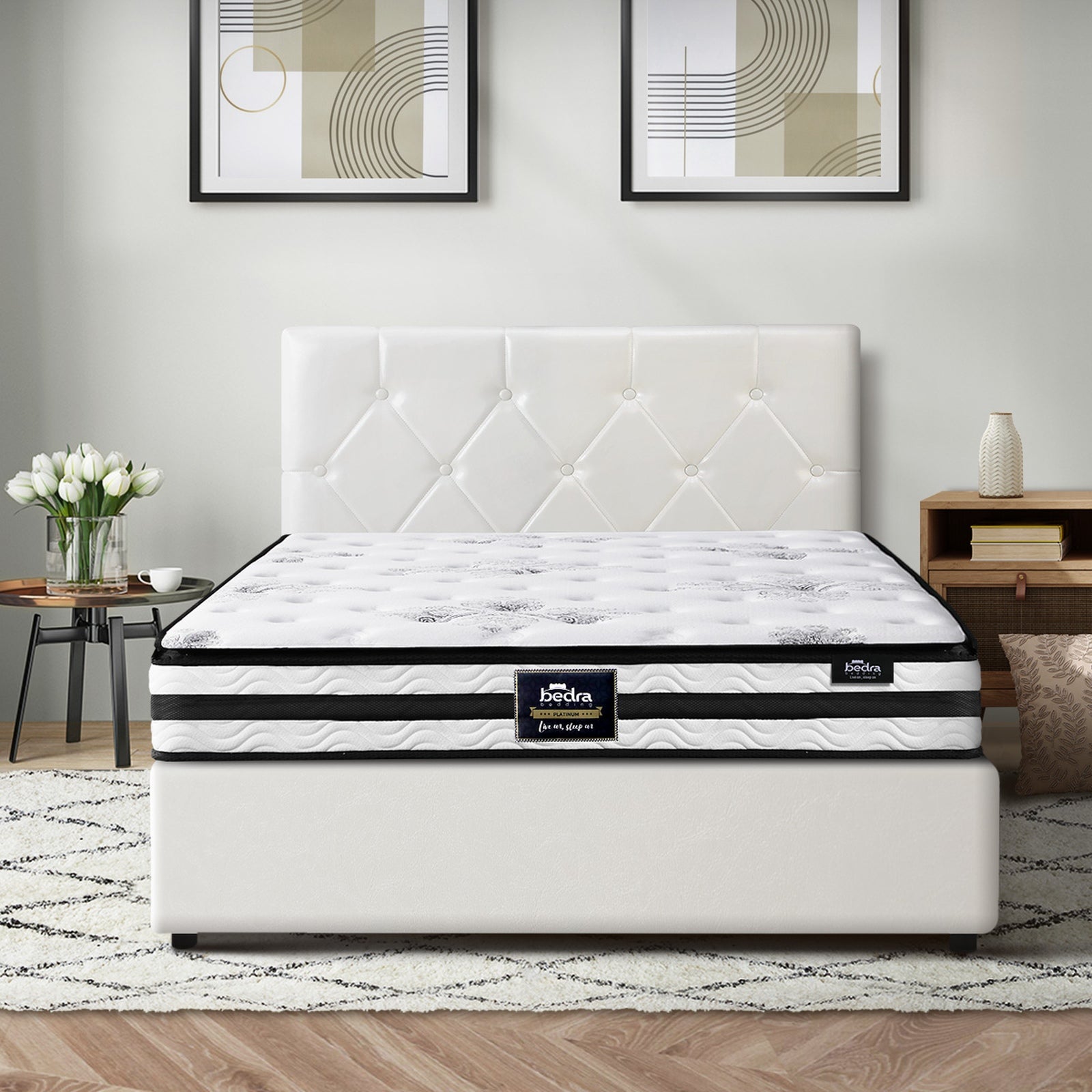 Oikiture Bed Frame King Single Size Gas Lift Base with Mattress White Leather - Sunyee
