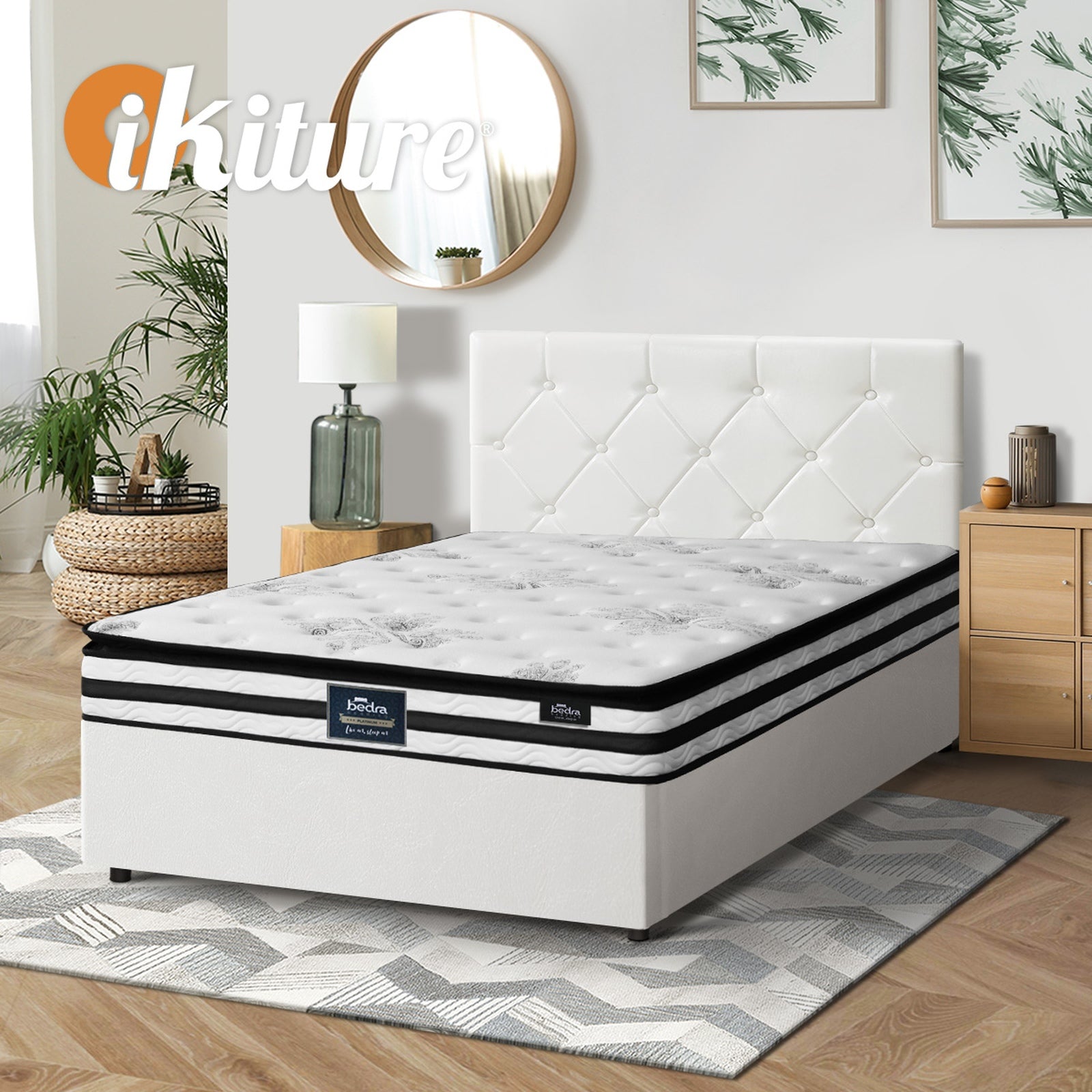 Oikiture Bed Frame King Single Size Gas Lift Base with Mattress White Leather - Sunyee