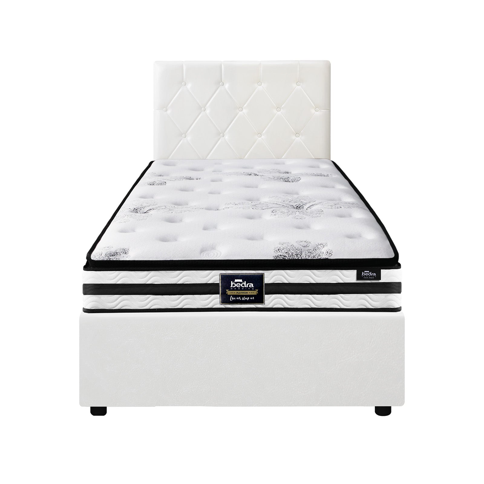 Oikiture Bed Frame King Single Size Gas Lift Base with Mattress White Leather - Sunyee