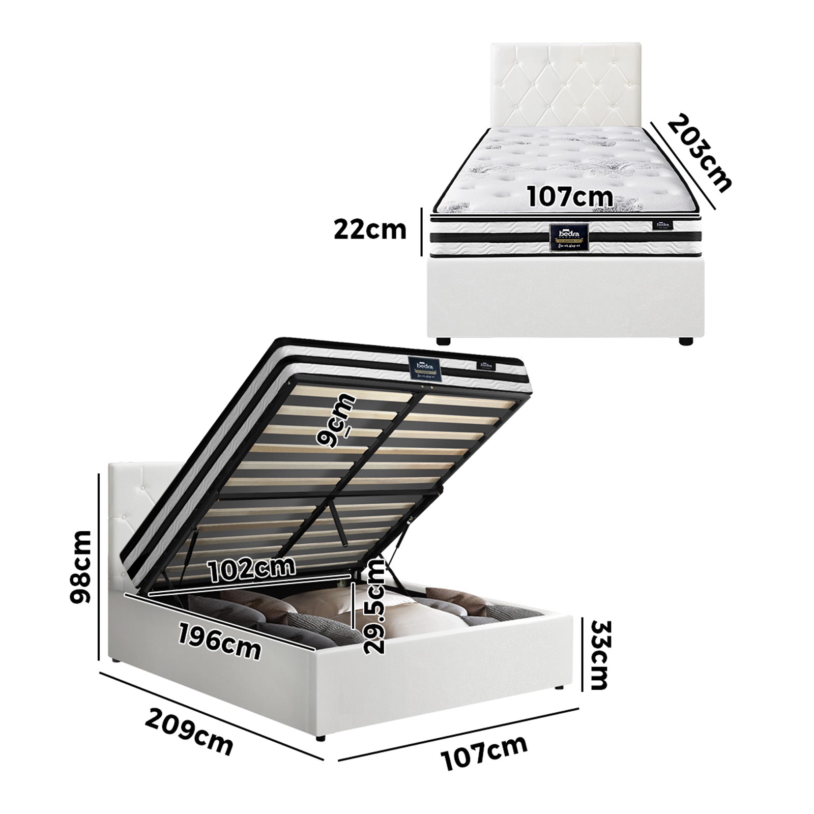 Oikiture Bed Frame King Single Size Gas Lift Base with Mattress White Leather - Sunyee