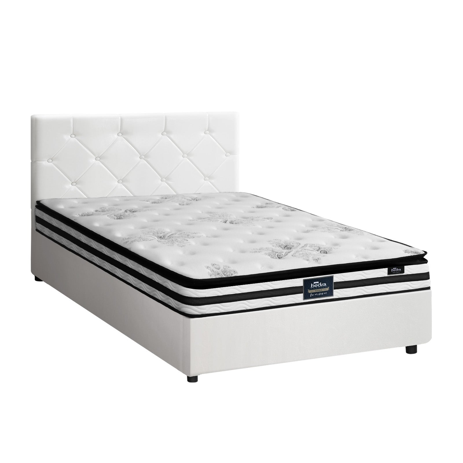 Oikiture Bed Frame King Single Size Gas Lift Base with Mattress White Leather - Sunyee