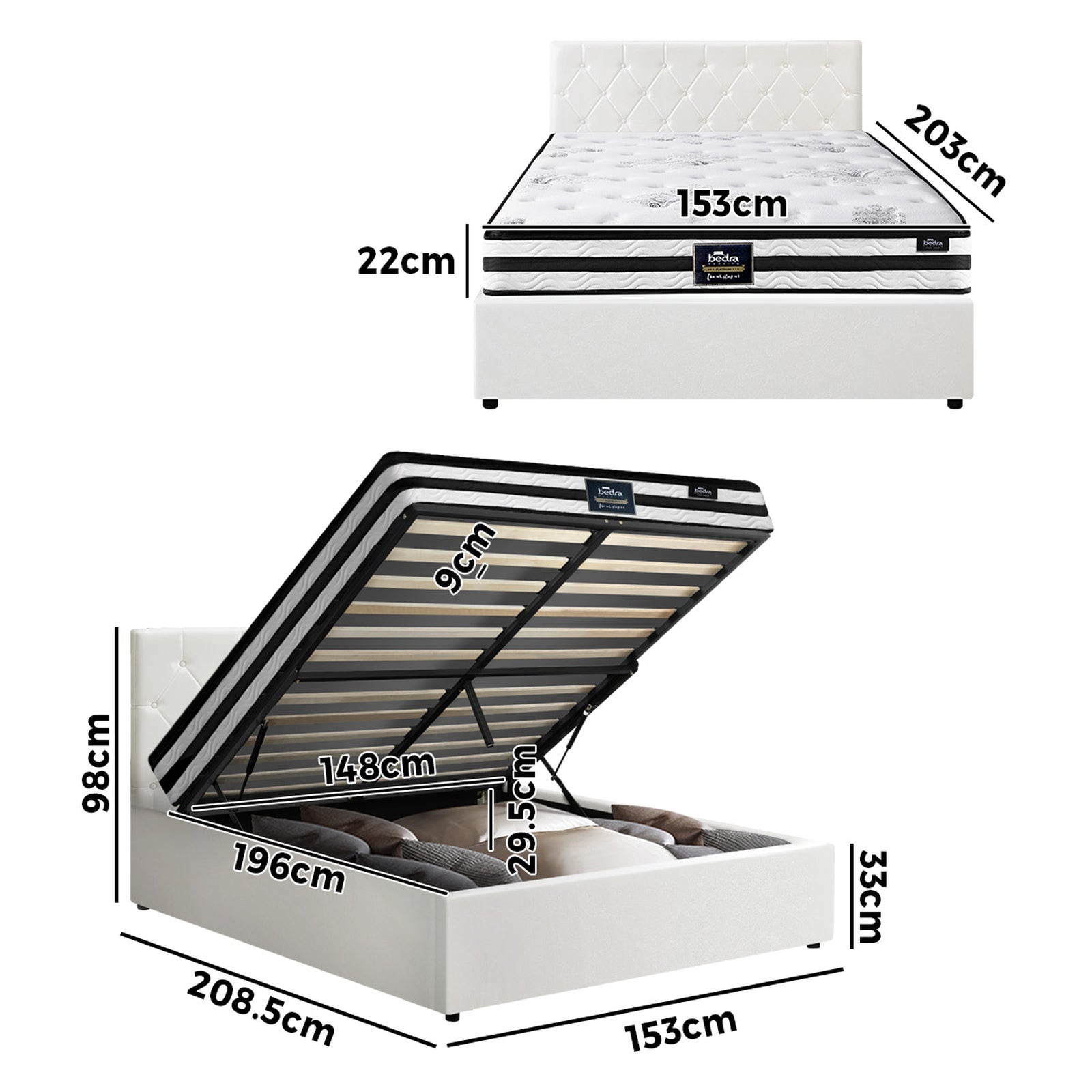 Oikiture Bed Frame Queen Size Gas Lift Base with Mattress White Leather - Sunyee