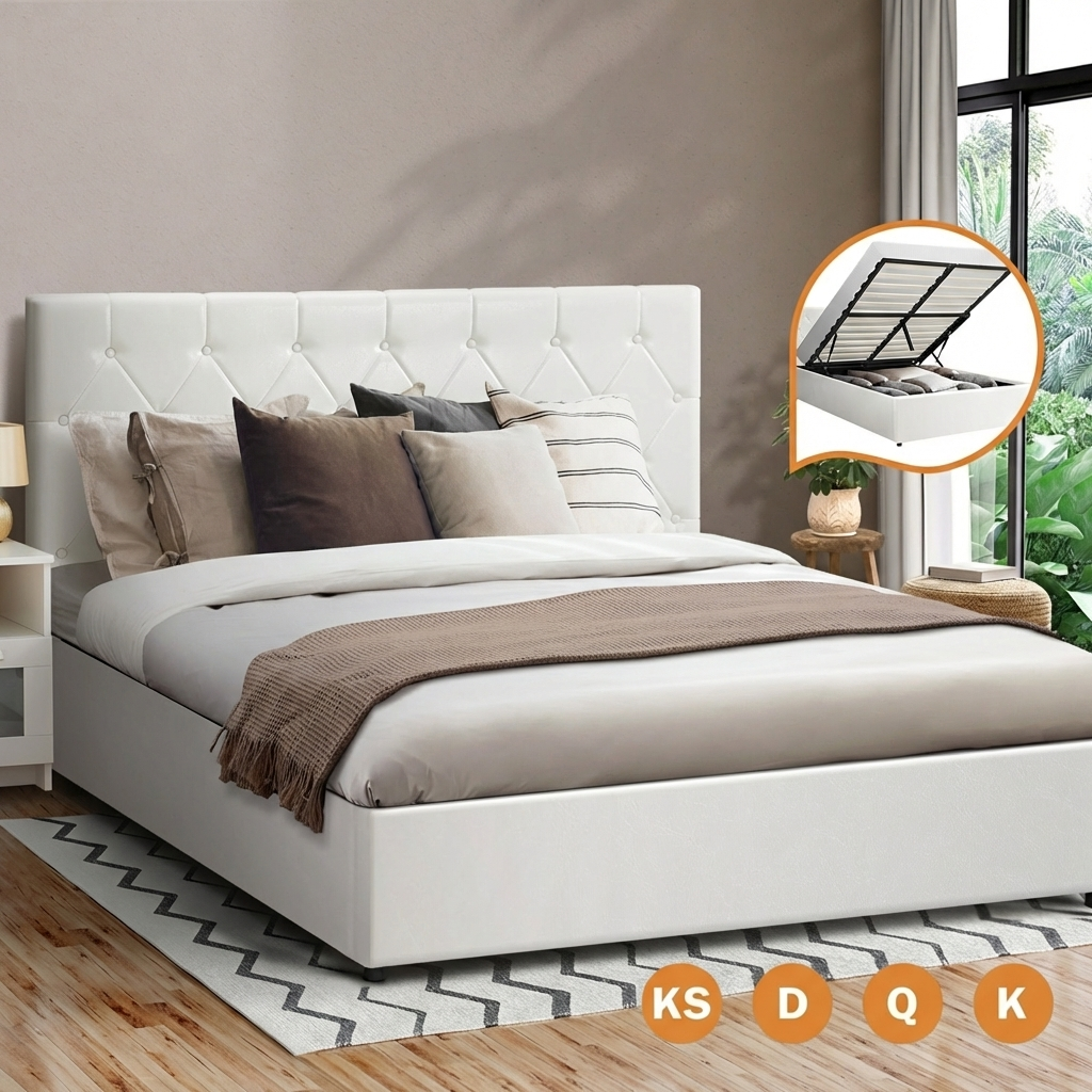 Oikiture Bed Frame Queen Double King Single Gas Lift Storage Base White Leather