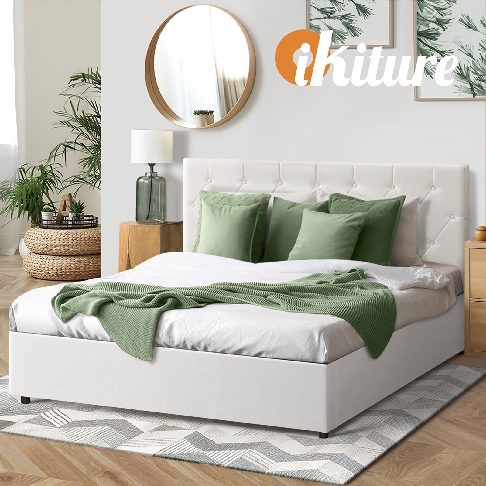 Oikiture Bed Frame Queen Double King Single Gas Lift Storage Base White Leather - Sunyee