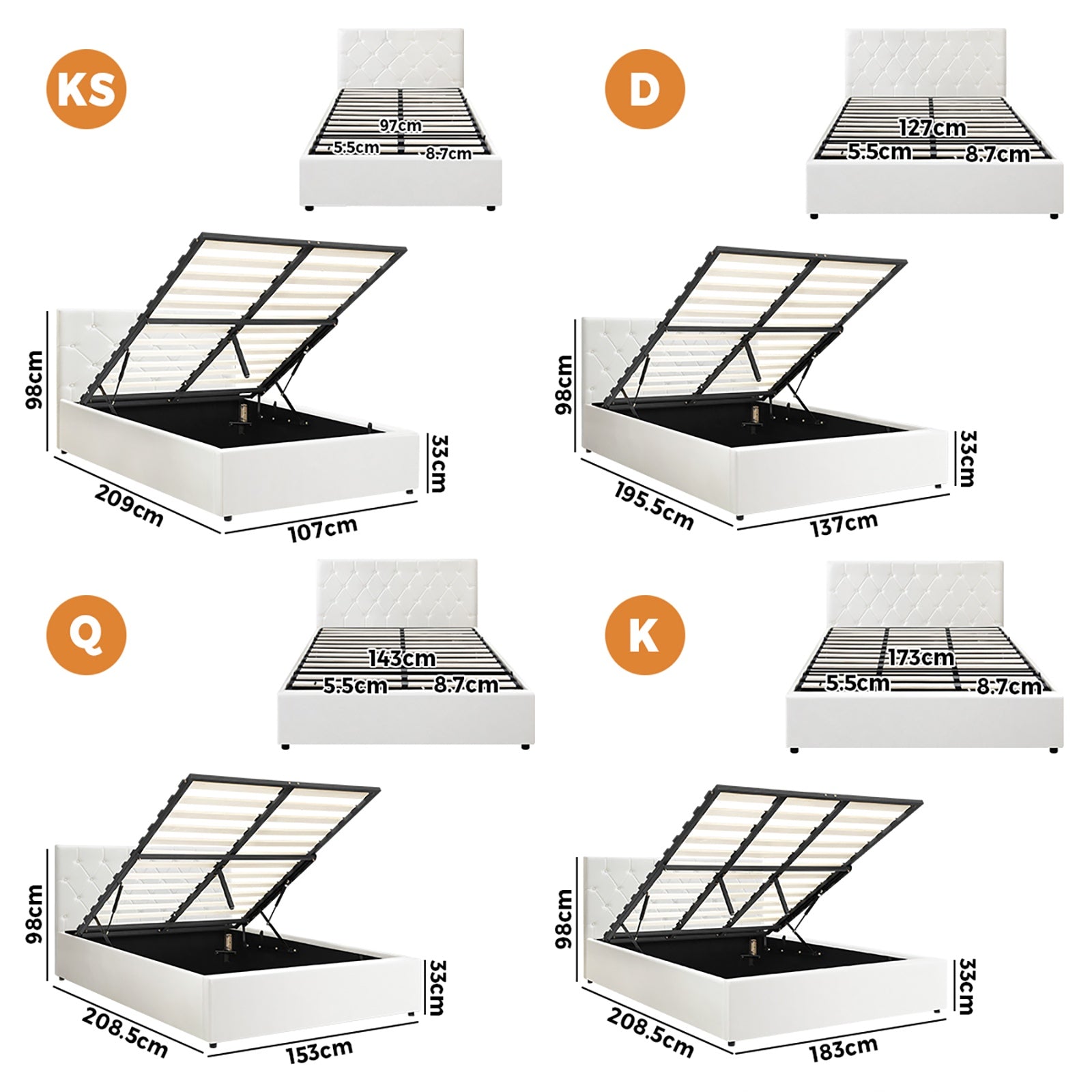 Oikiture Bed Frame Queen Double King Single Gas Lift Storage Base White Leather - Sunyee