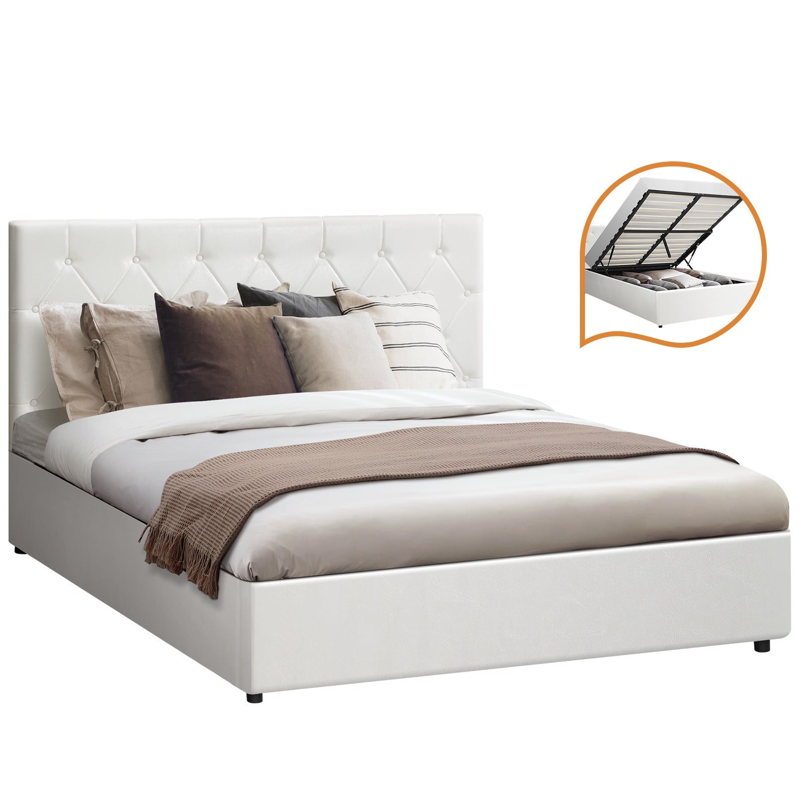 Oikiture Bed Frame Queen Double King Single Gas Lift Storage Base White Leather - Sunyee