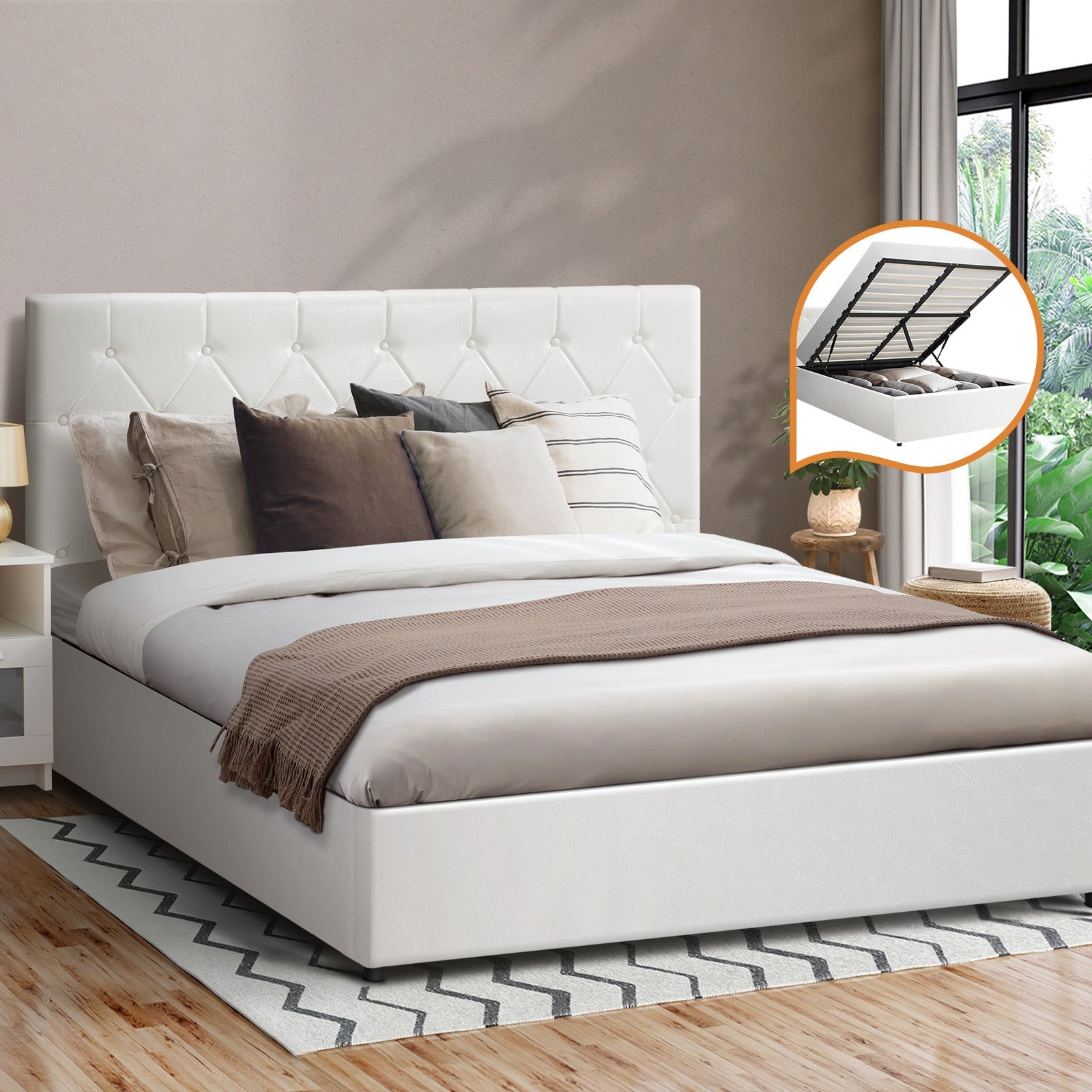 Oikiture Bed Frame Queen Double King Single Gas Lift Storage Base White Leather - Sunyee