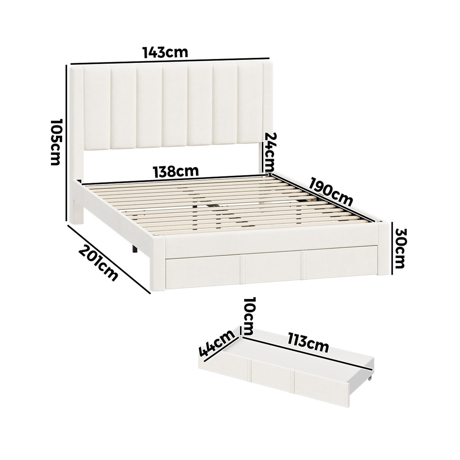 Oikiture Bed Frame Double Size Headboard Platform Base with Drawer Beige