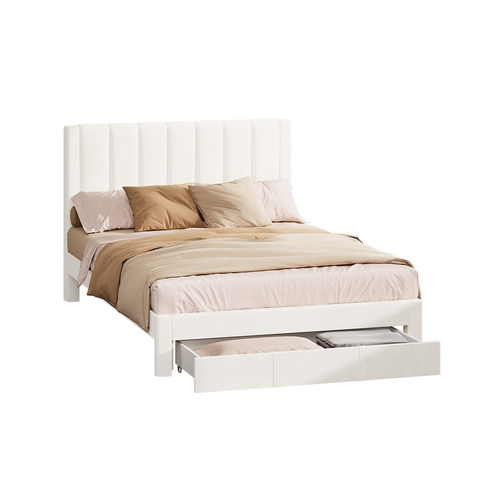Oikiture Bed Frame Double Size Headboard Platform Base with Drawer Beige