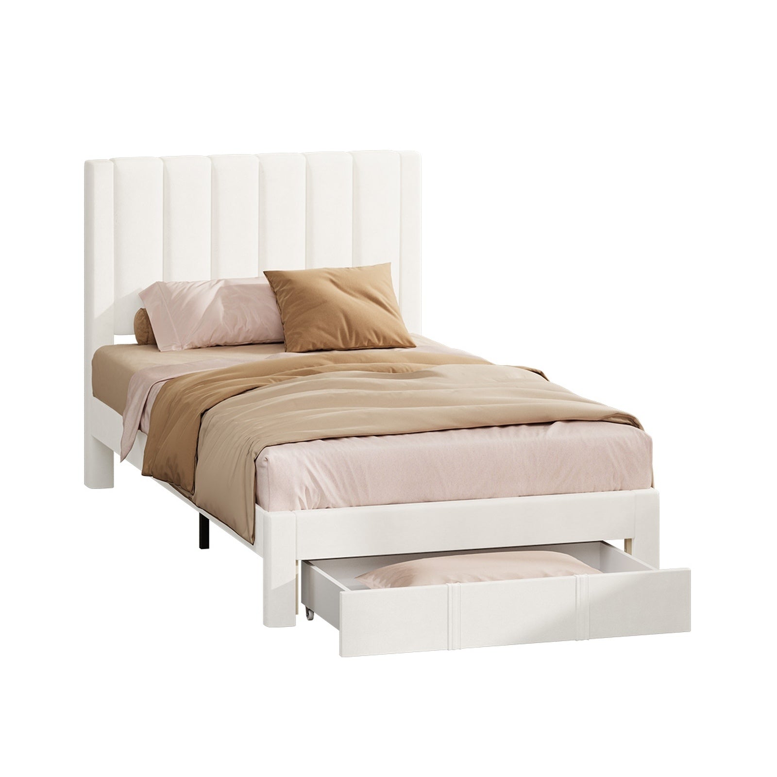 Oikiture Bed Frame King Single Size Headboard Platform Base with Drawer Beige