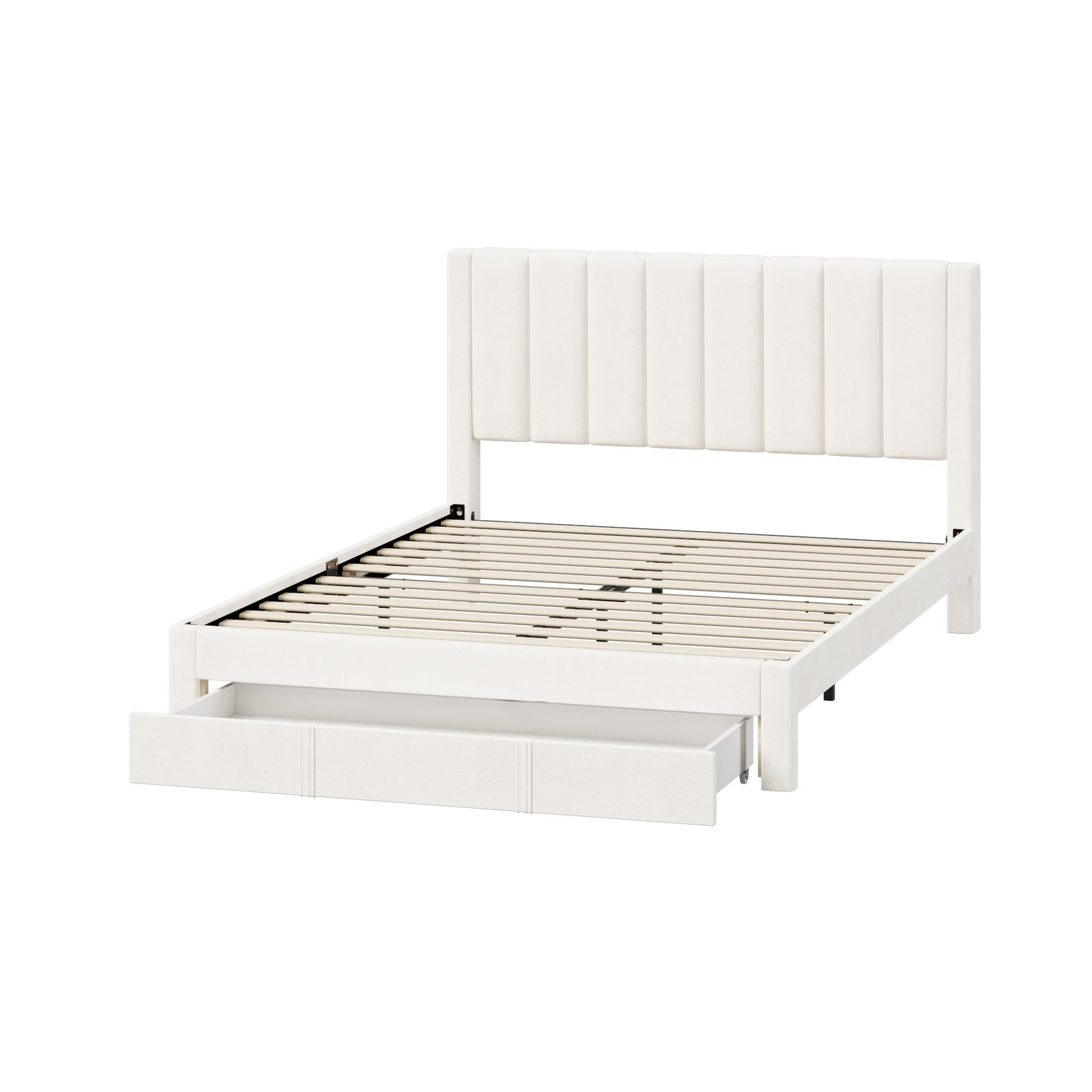 Oikiture Bed Frame Queen Size Headboard Platform Base with Drawer Beige