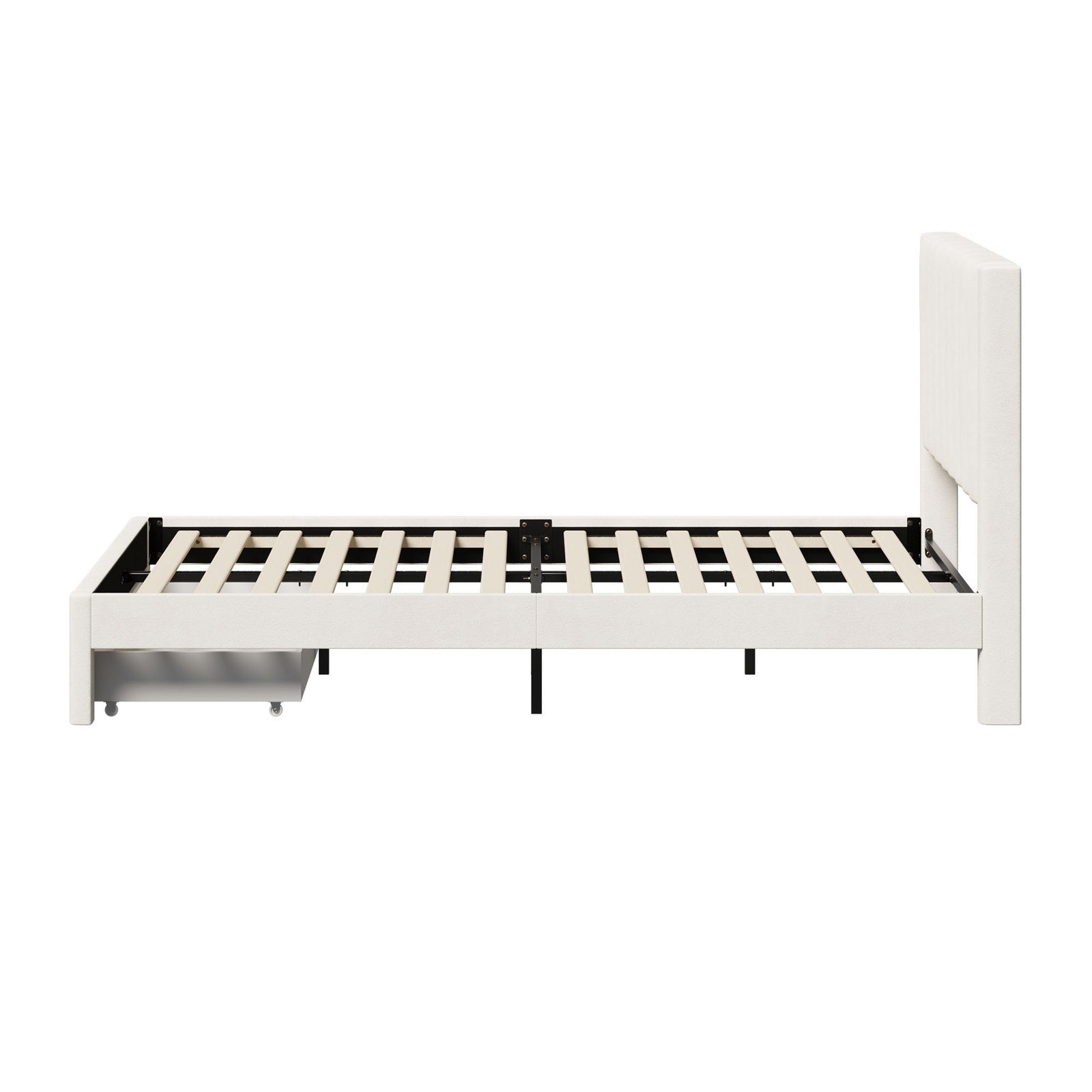 Oikiture Bed Frame Queen Size Headboard Platform Base with Drawer Beige