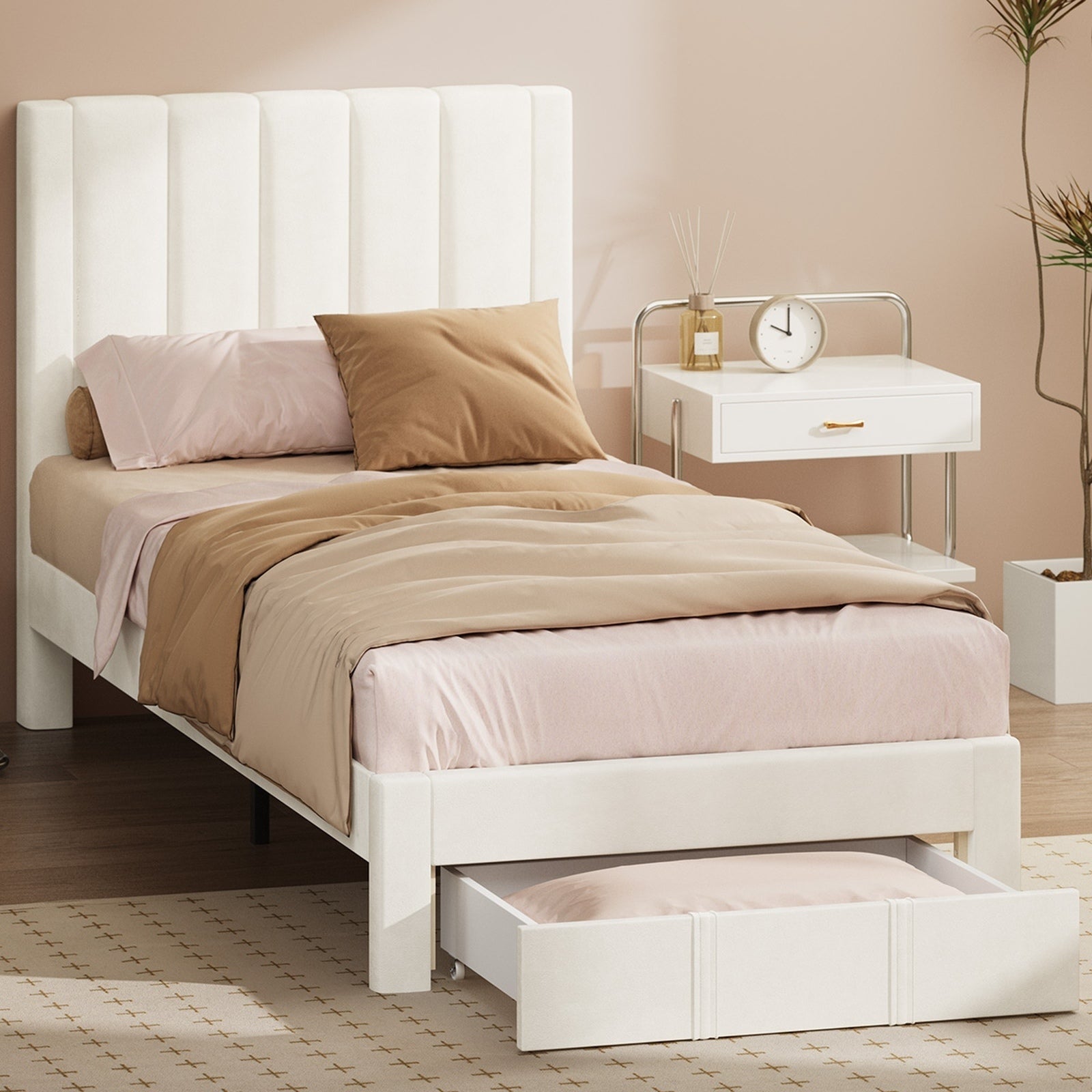 Oikiture Bed Frame Single Size Headboard Platform Base with Drawer Beige