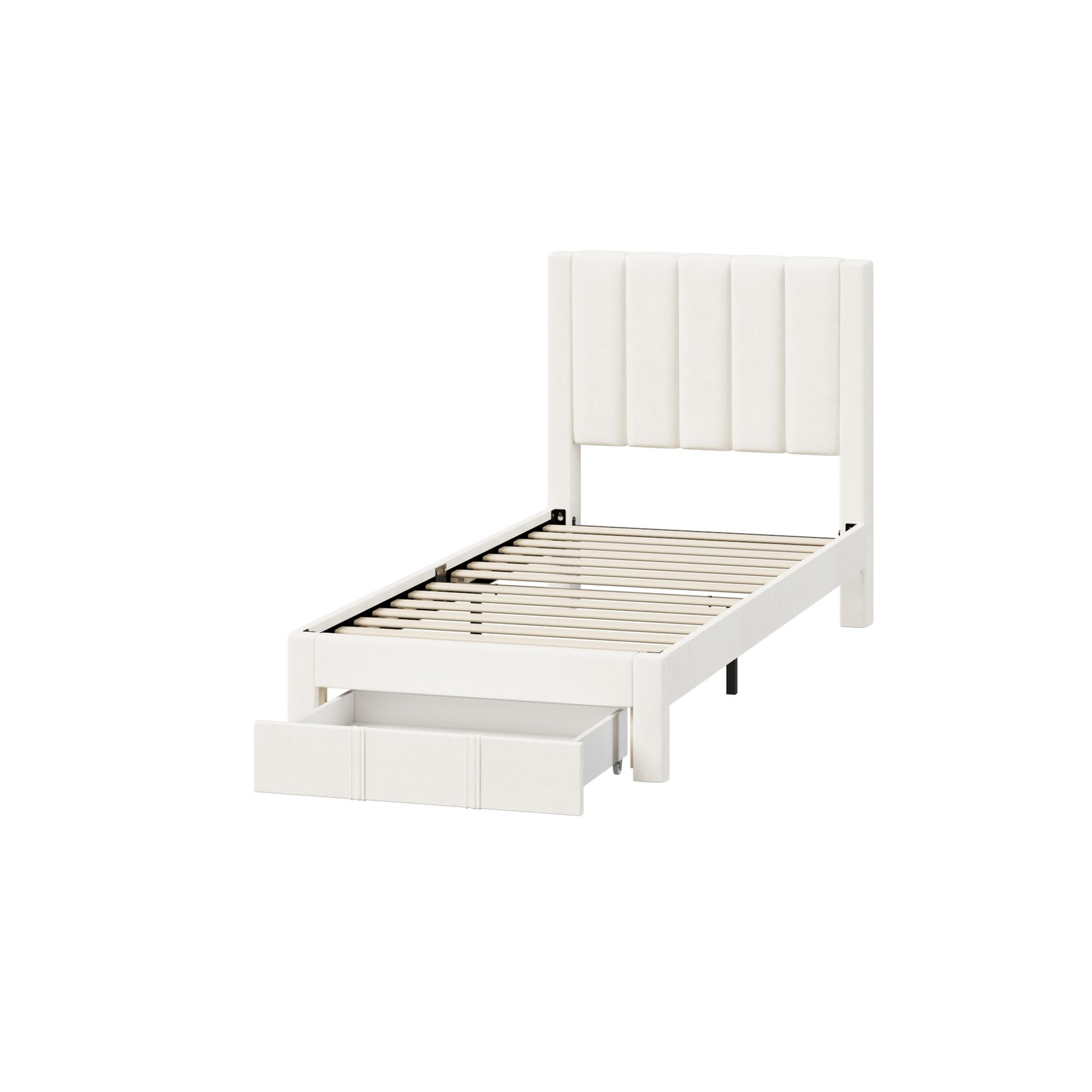 Oikiture Bed Frame Single Size Headboard Platform Base with Drawer Beige