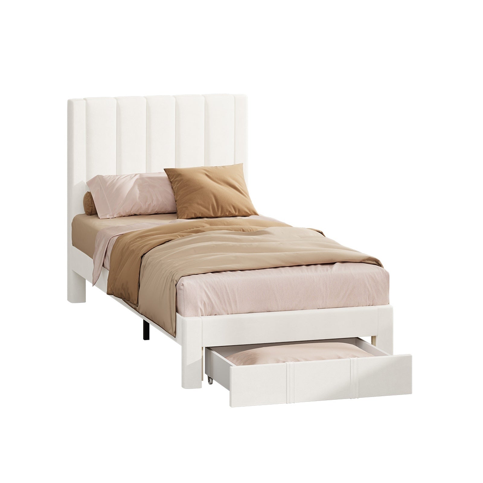 Oikiture Bed Frame Single Size Headboard Platform Base with Drawer Beige