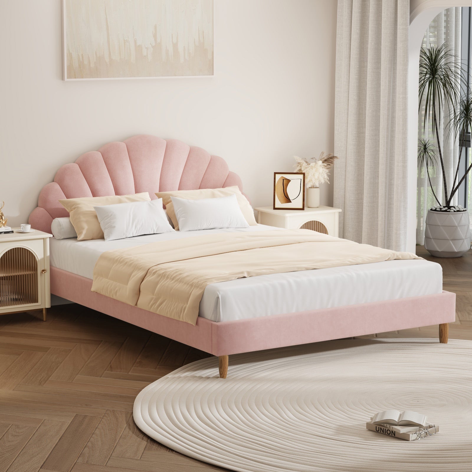 Oikiture Bed Frame Double Size Scallop-Shape Bedhead Pink Velvet - Sunyee
