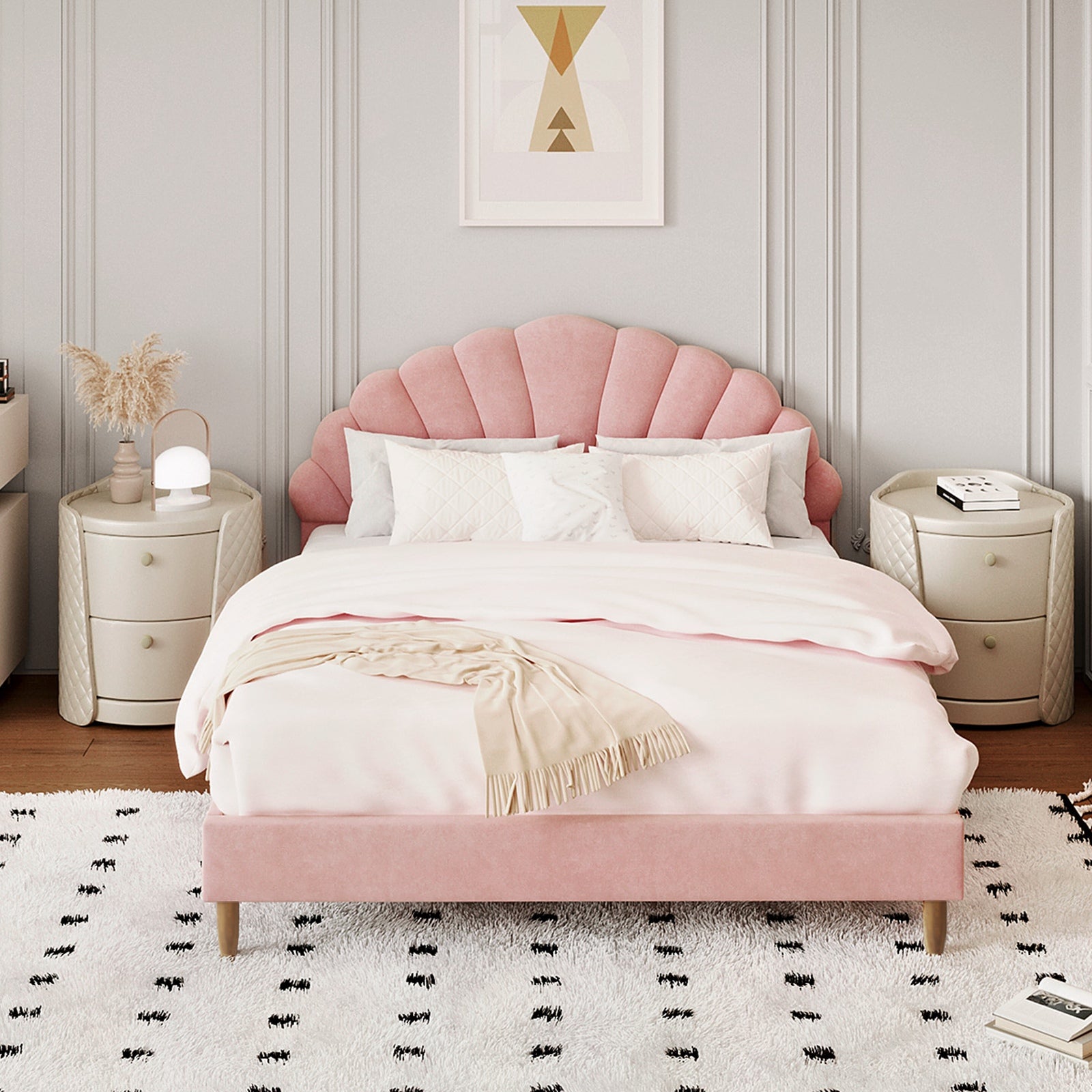 Oikiture Bed Frame Double Size Scallop-Shape Bedhead Pink Velvet - Sunyee