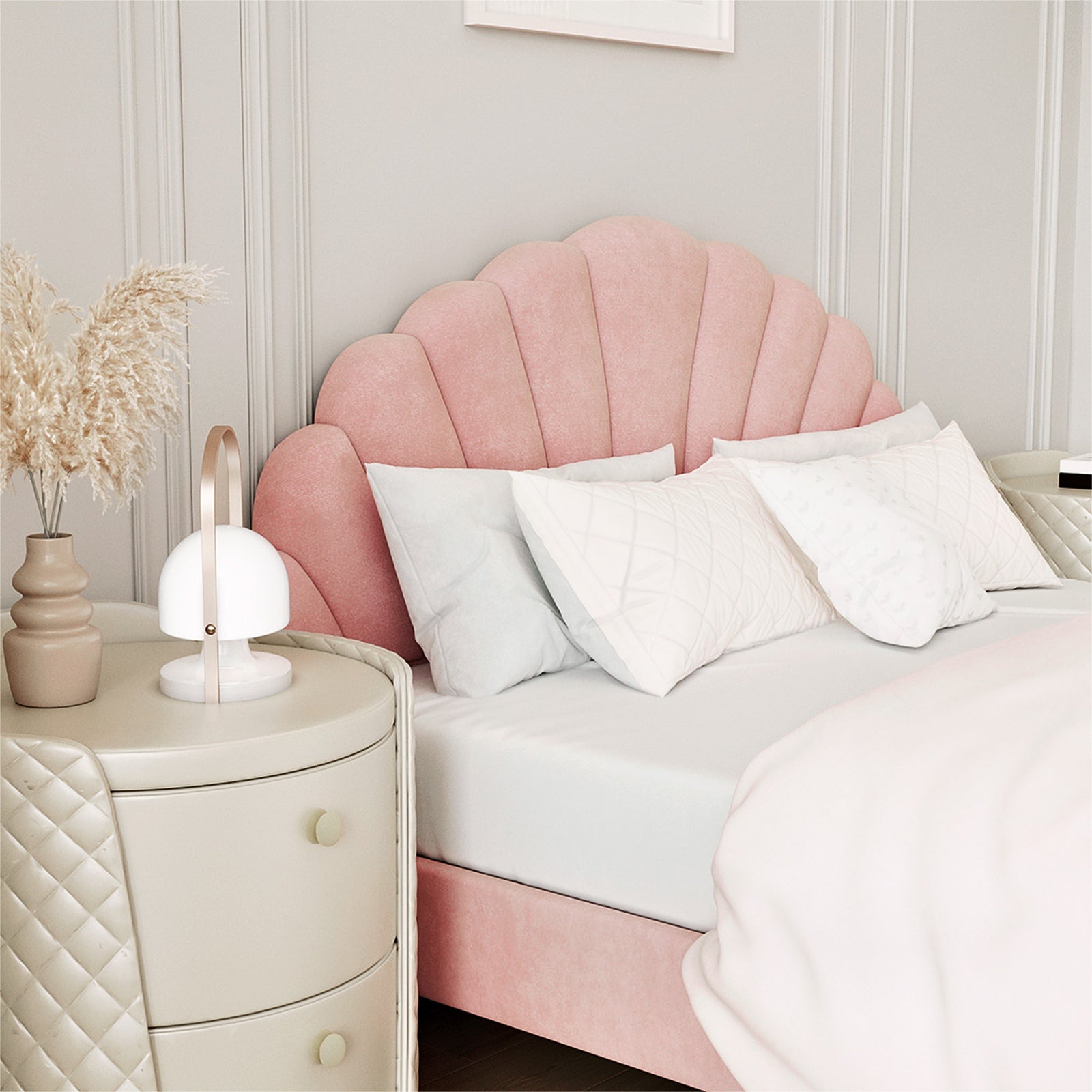 Oikiture Bed Frame Double Size Scallop-Shape Bedhead Pink Velvet - Sunyee