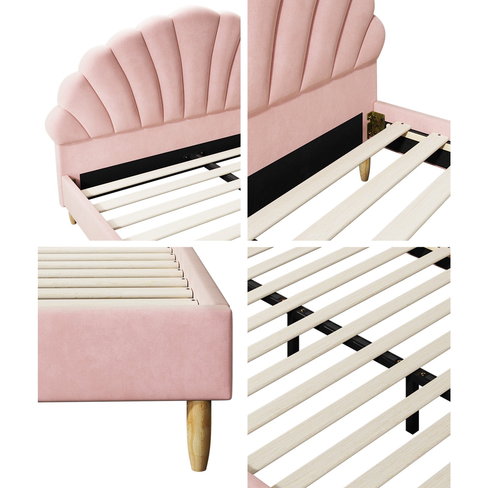 Oikiture Bed Frame Double Size Scallop-Shape Bedhead Pink Velvet - Sunyee