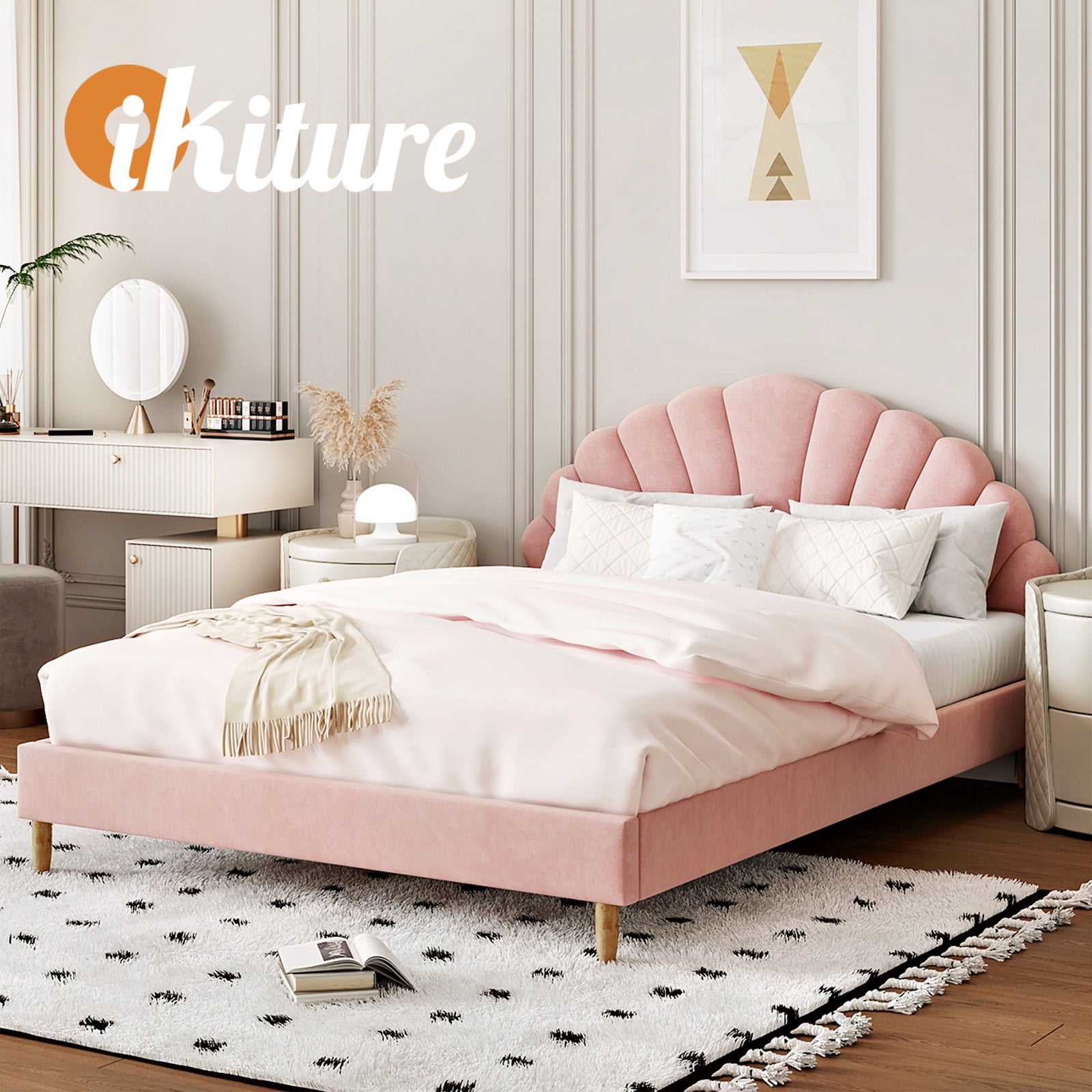 Oikiture Bed Frame Double Size Scallop-Shape Bedhead Pink Velvet - Sunyee