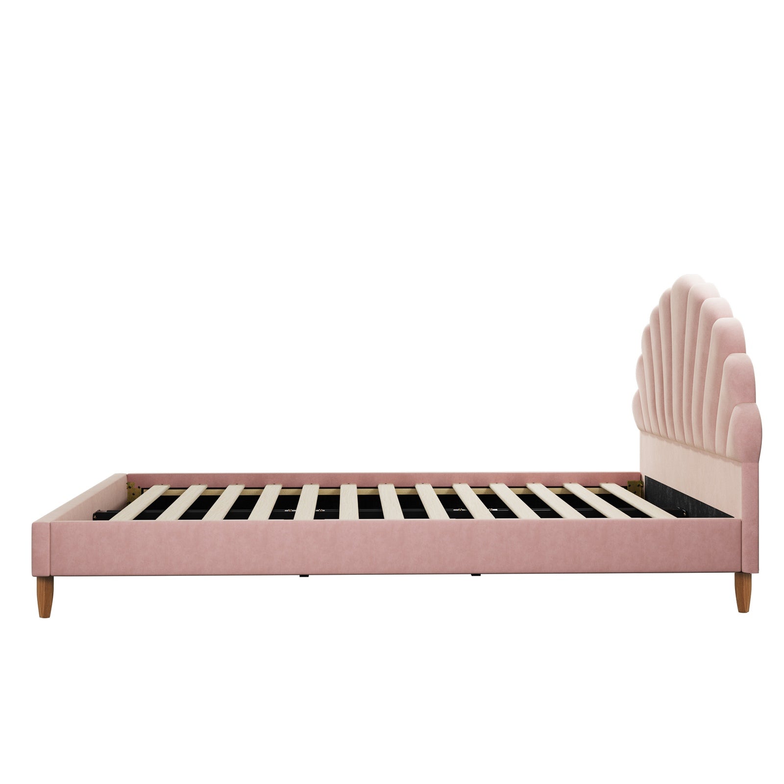 Oikiture Bed Frame Double Size Scallop-Shape Bedhead Pink Velvet - Sunyee