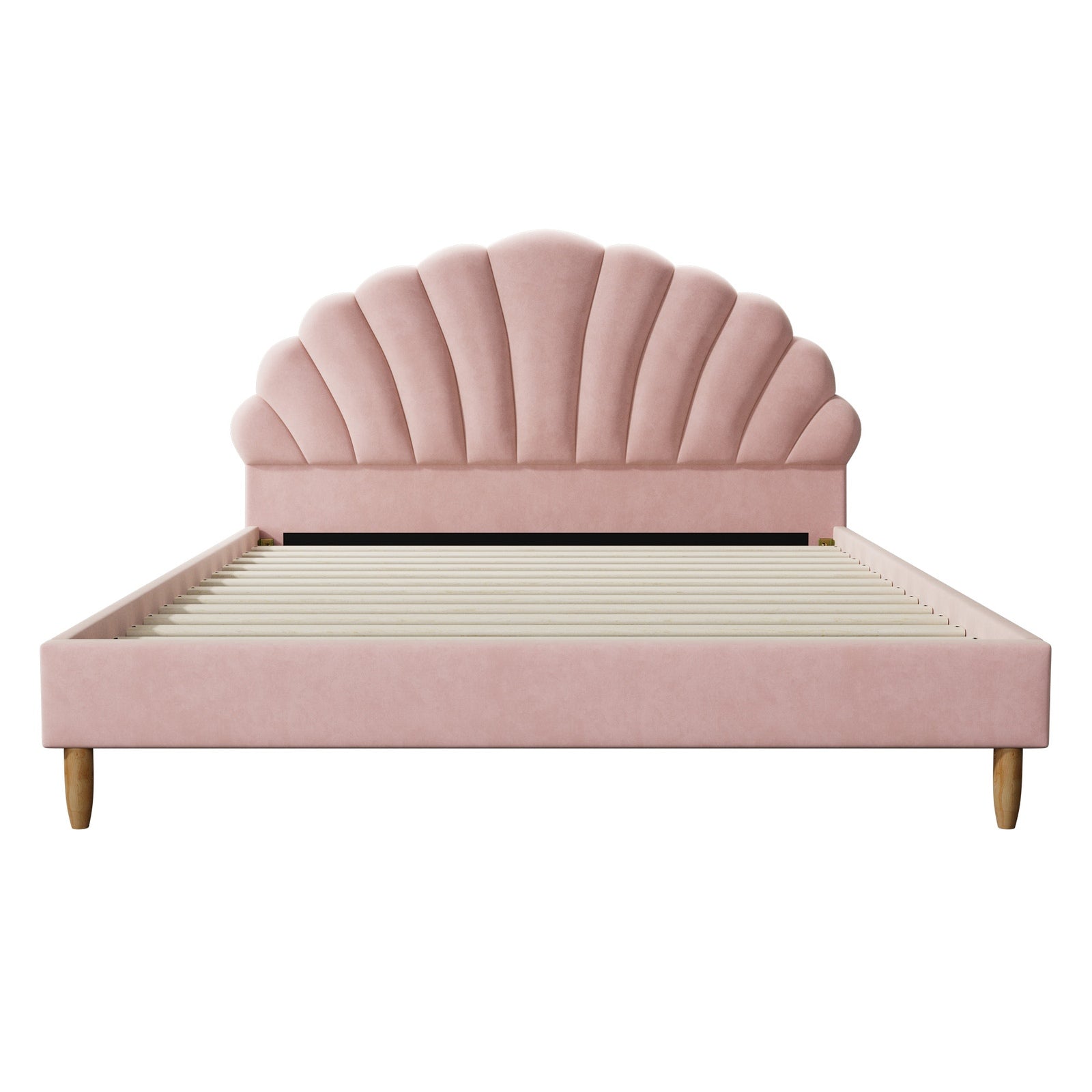 Oikiture Bed Frame Double Size Scallop-Shape Bedhead Pink Velvet - Sunyee