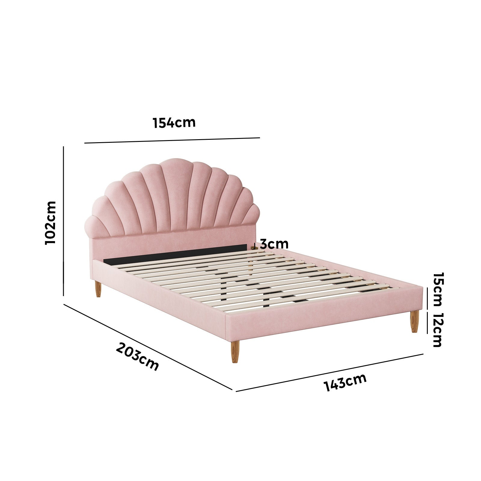Oikiture Bed Frame Double Size Scallop-Shape Bedhead Pink Velvet - Sunyee