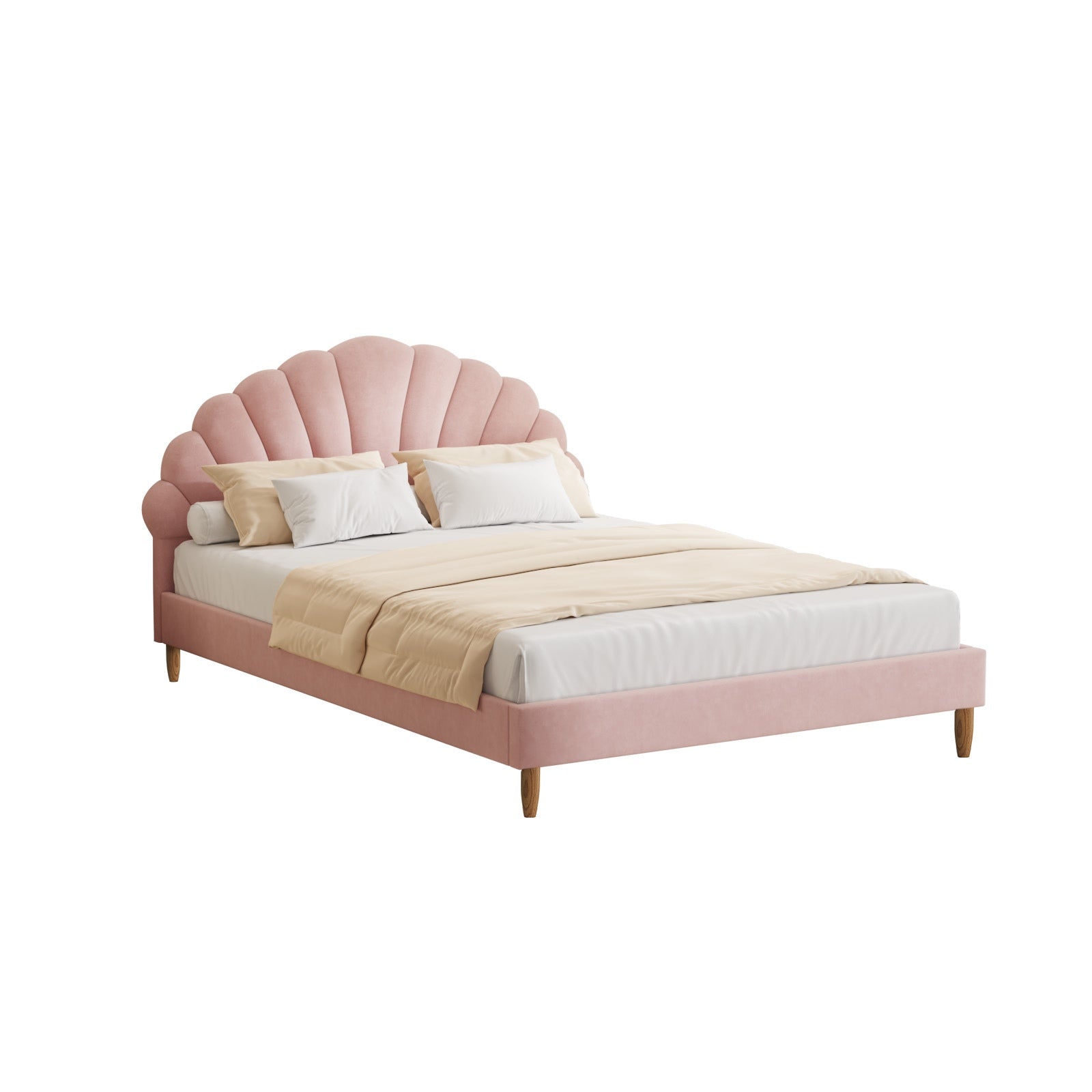 Oikiture Bed Frame Double Size Scallop-Shape Bedhead Pink Velvet - Sunyee