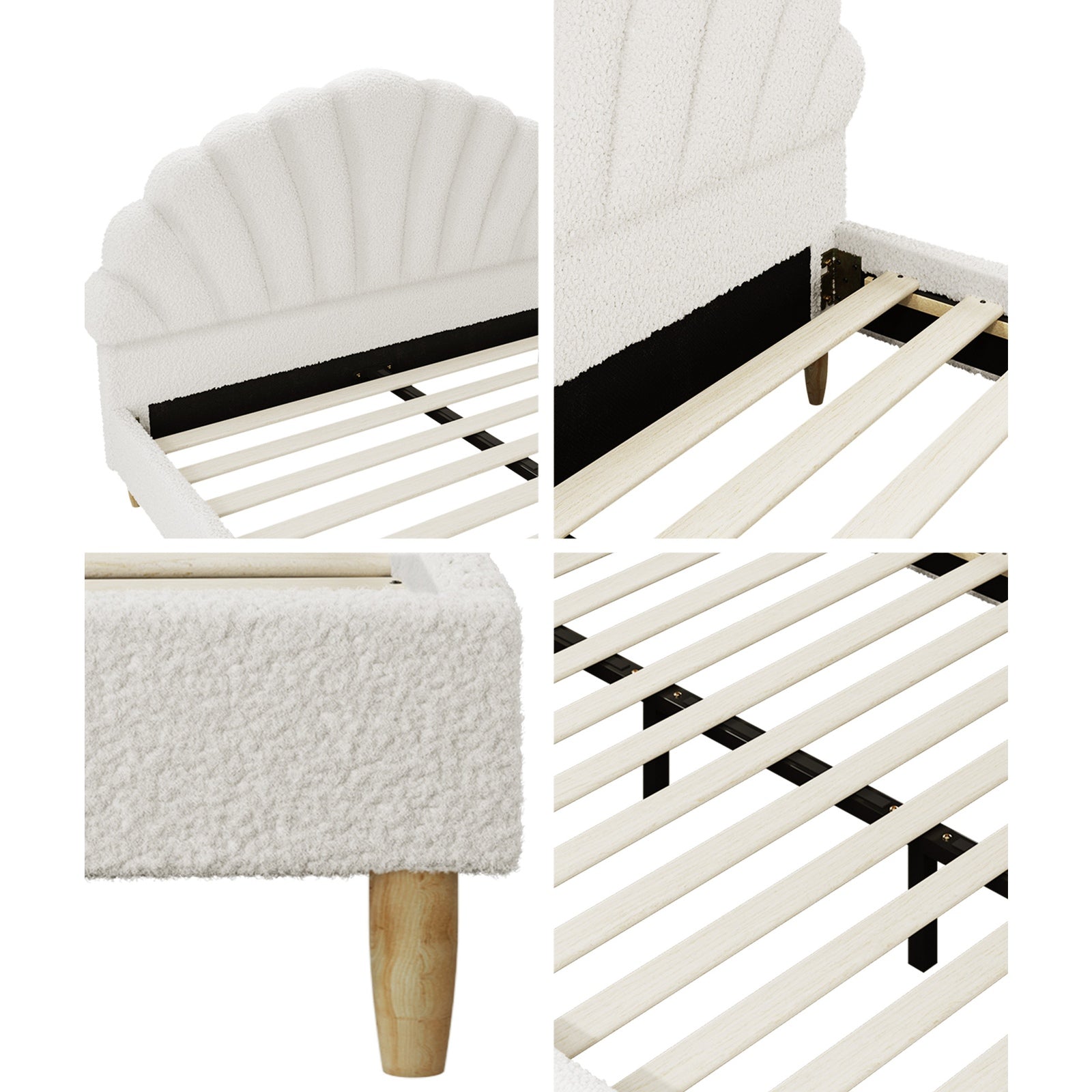 Oikiture Boucle Bed Frame with Ottoman Set Scallop Shaped Sherpa Bedhead Double - Sunyee