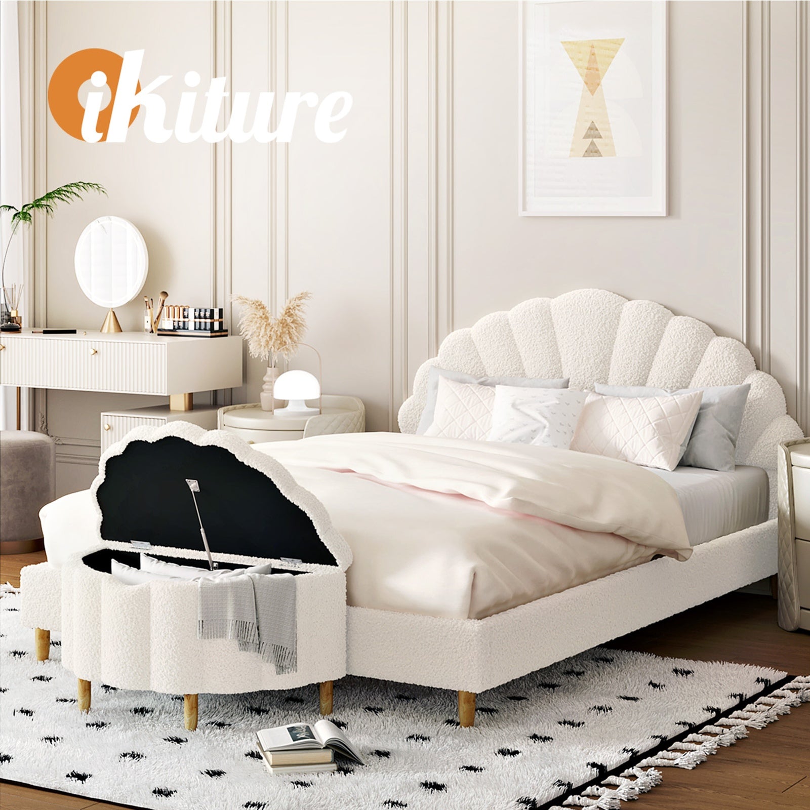 Oikiture Boucle Bed Frame with Ottoman Set Scallop Shaped Sherpa Bedhead Double - Sunyee
