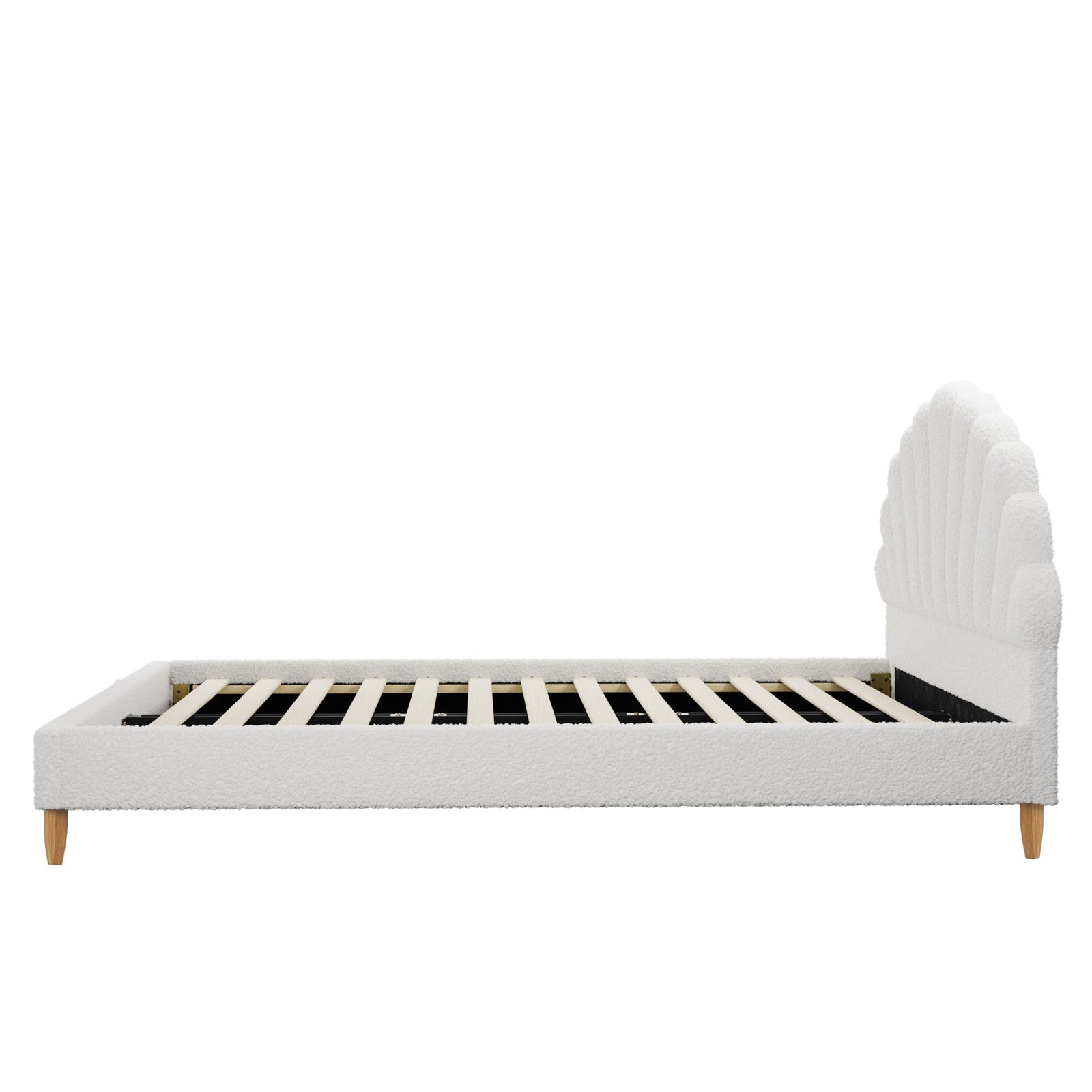 Oikiture Boucle Bed Frame with Ottoman Set Scallop Shaped Sherpa Bedhead Double - Sunyee