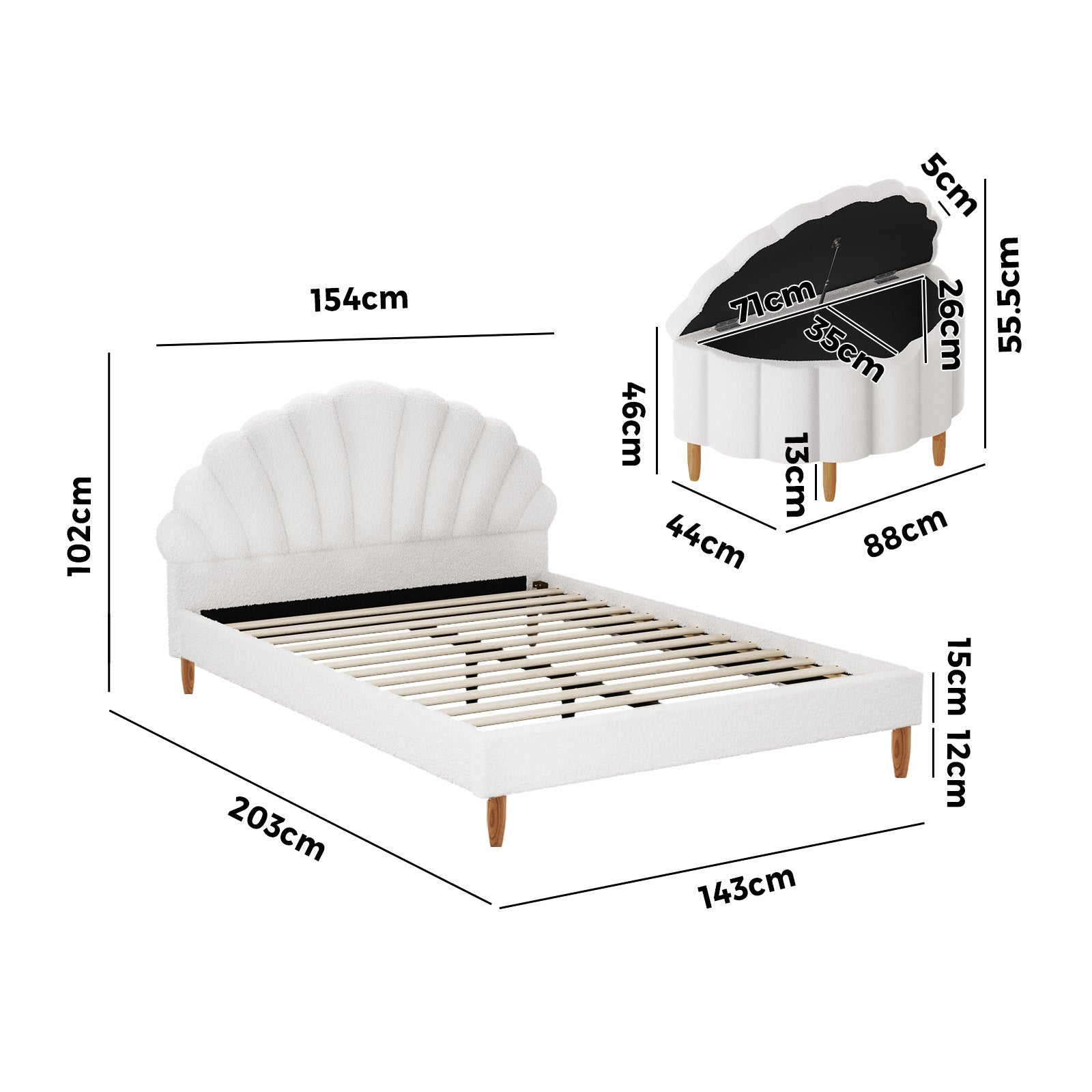 Oikiture Boucle Bed Frame with Ottoman Set Scallop Shaped Sherpa Bedhead Double - Sunyee