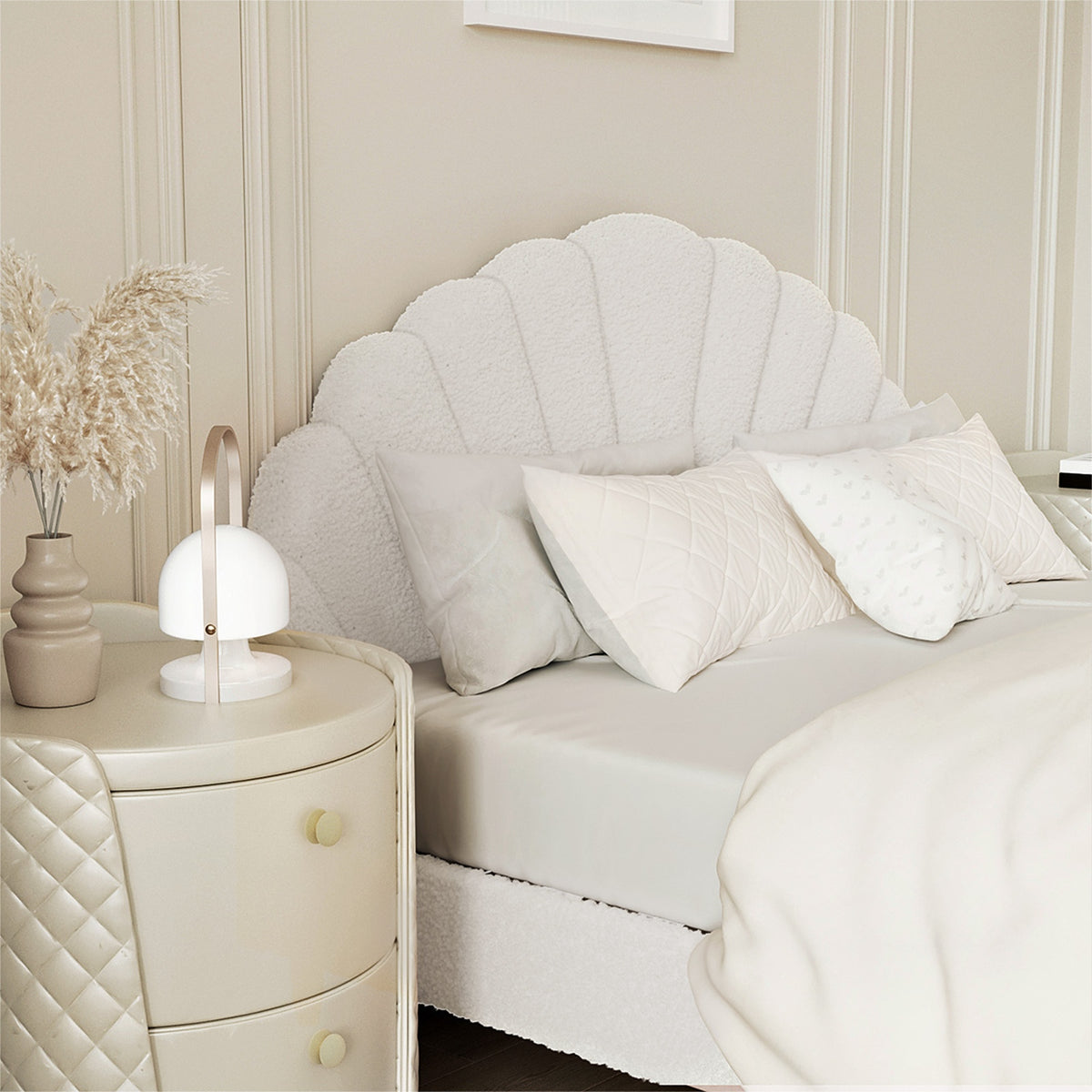 Oikiture Bed Frame Double Size Scallop-Shape Bedhead White Boucle - Sunyee