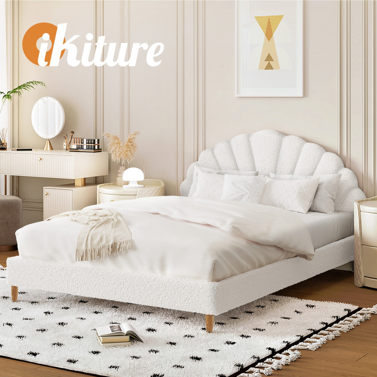 Oikiture Bed Frame Double Size Scallop-Shape Bedhead White Boucle - Sunyee