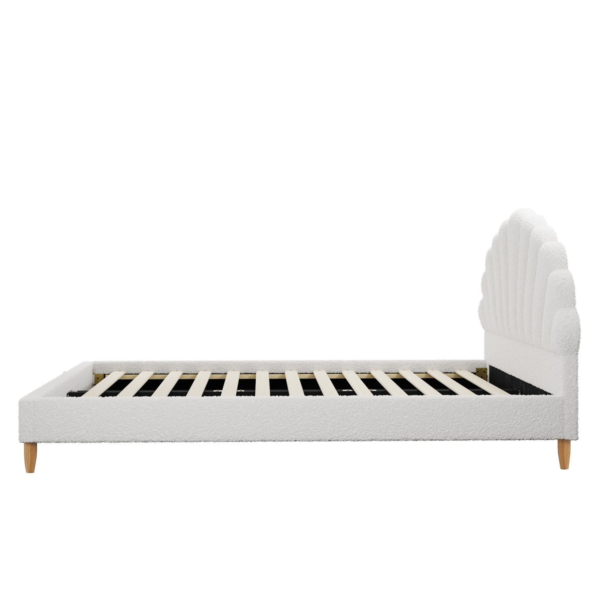 Oikiture Bed Frame Double Size Scallop-Shape Bedhead White Boucle - Sunyee