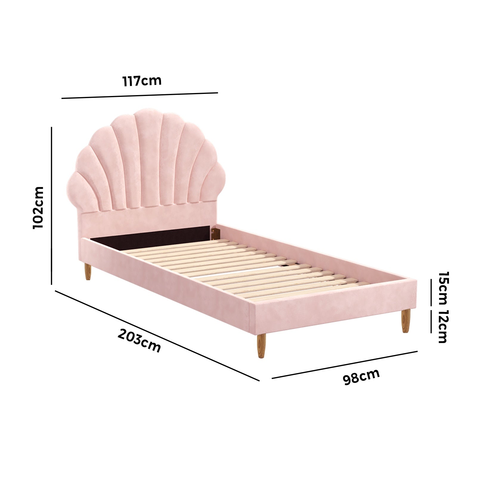 Oikiture Bed Frame Single Size Scallop-Shape Bedhead Pink Velvet