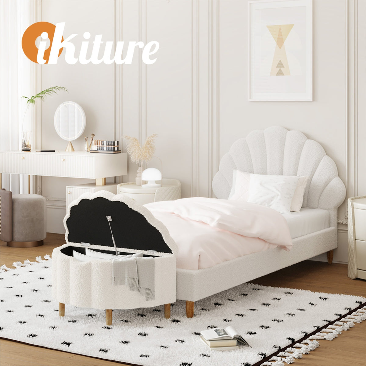 Oikiture Boucle Bed Frame with Ottoman Set Scallop Shaped Sherpa Bedhead Single - Sunyee