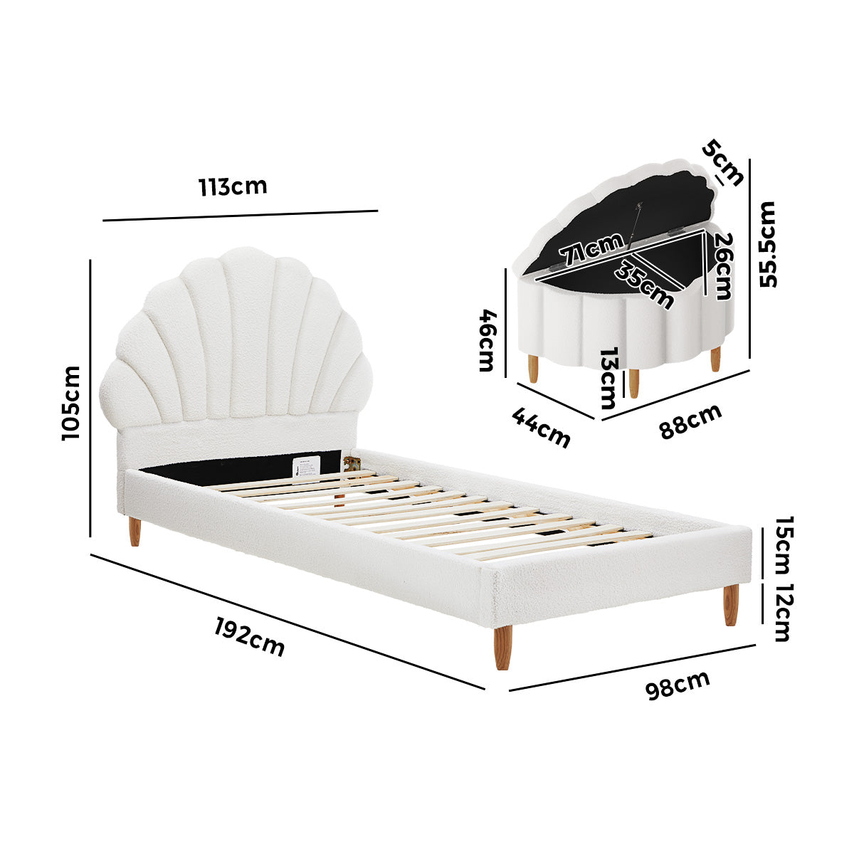 Oikiture Boucle Bed Frame with Ottoman Set Scallop Shaped Sherpa Bedhead Single - Sunyee