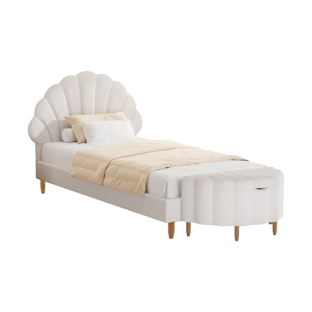 Oikiture Boucle Bed Frame with Ottoman Set Scallop Shaped Sherpa Bedhead Single - Sunyee