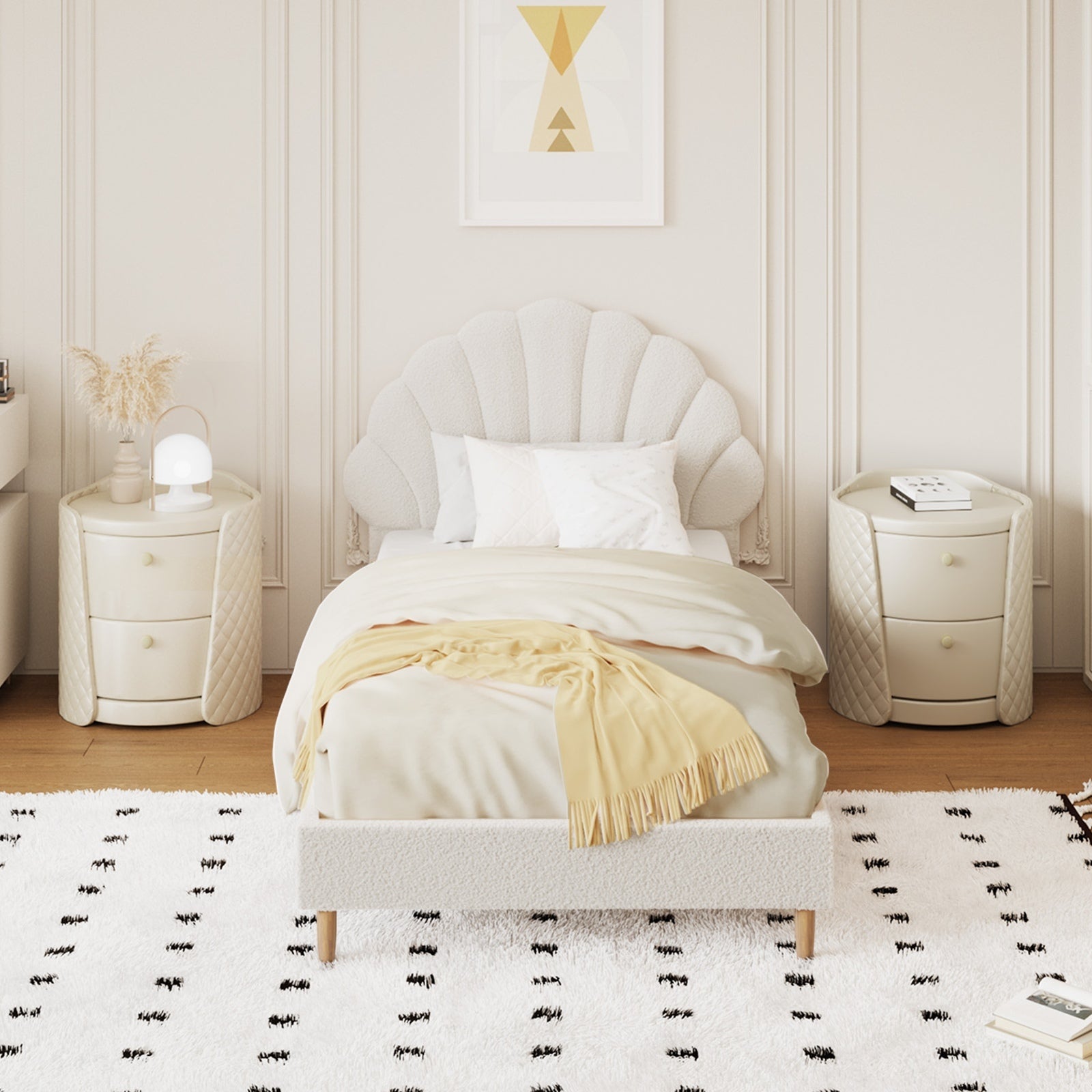 Oikiture Bed Frame Single Size Scallop-Shape Bedhead White Boucle - Sunyee