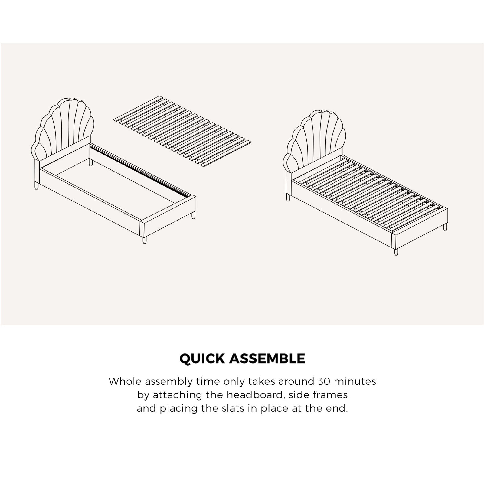 Oikiture Bed Frame Single Size Scallop-Shape Bedhead White Boucle - Sunyee