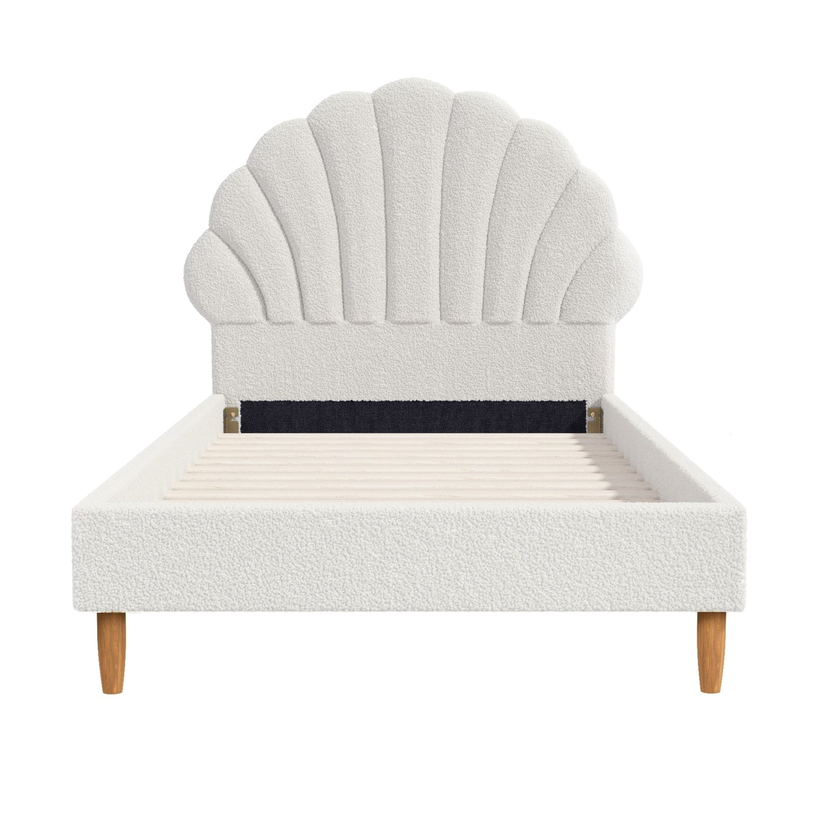 Oikiture Bed Frame Single Size Scallop-Shape Bedhead White Boucle - Sunyee