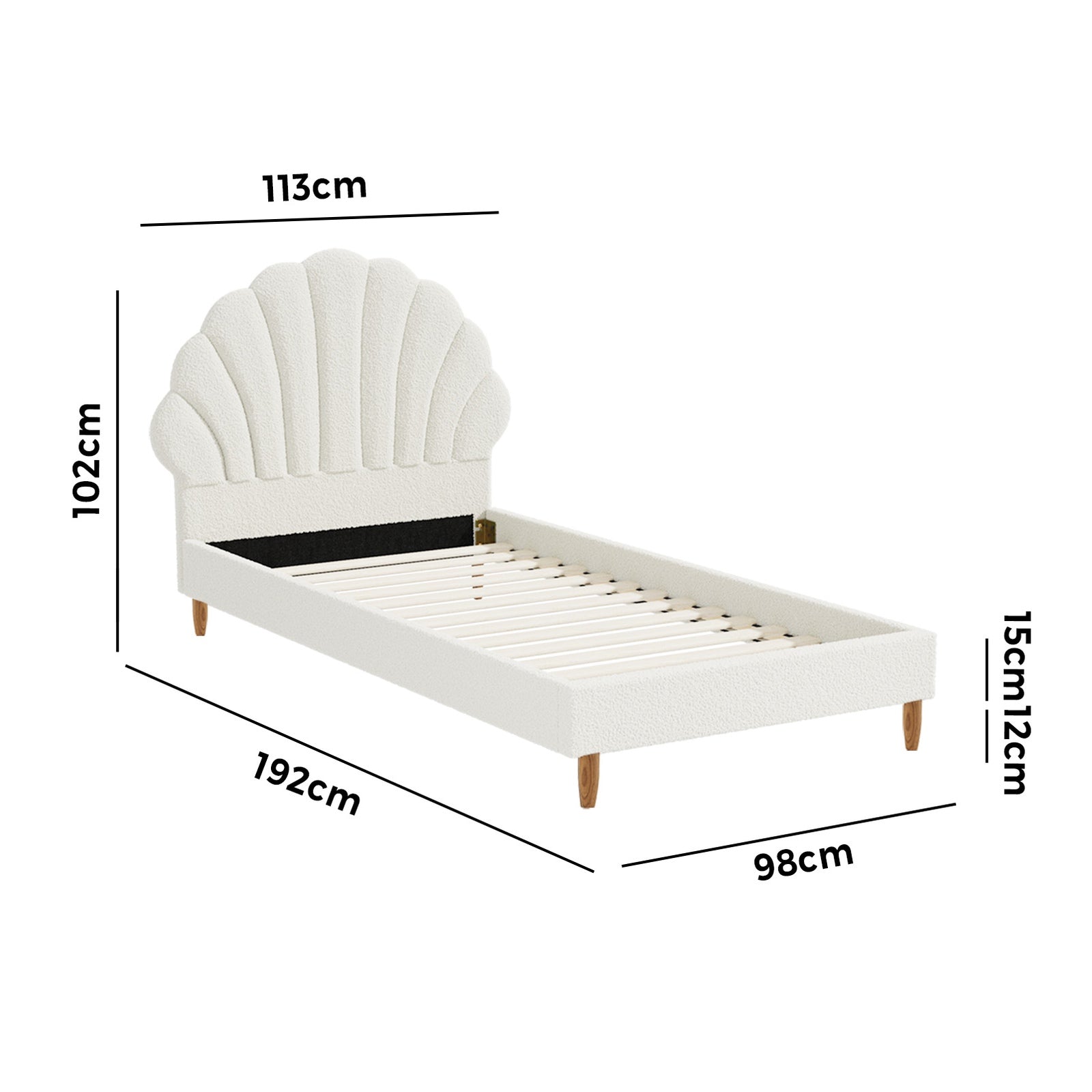 Oikiture Bed Frame Single Size Scallop-Shape Bedhead White Boucle - Sunyee