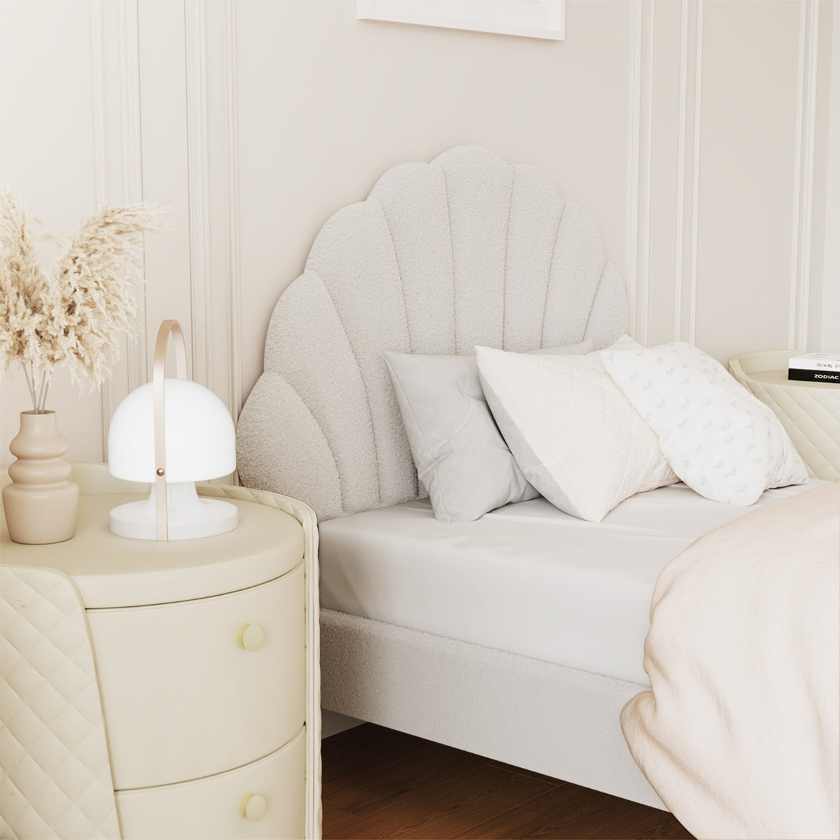 Oikiture Bed Frame Single Size Scallop-Shape Bedhead White Boucle