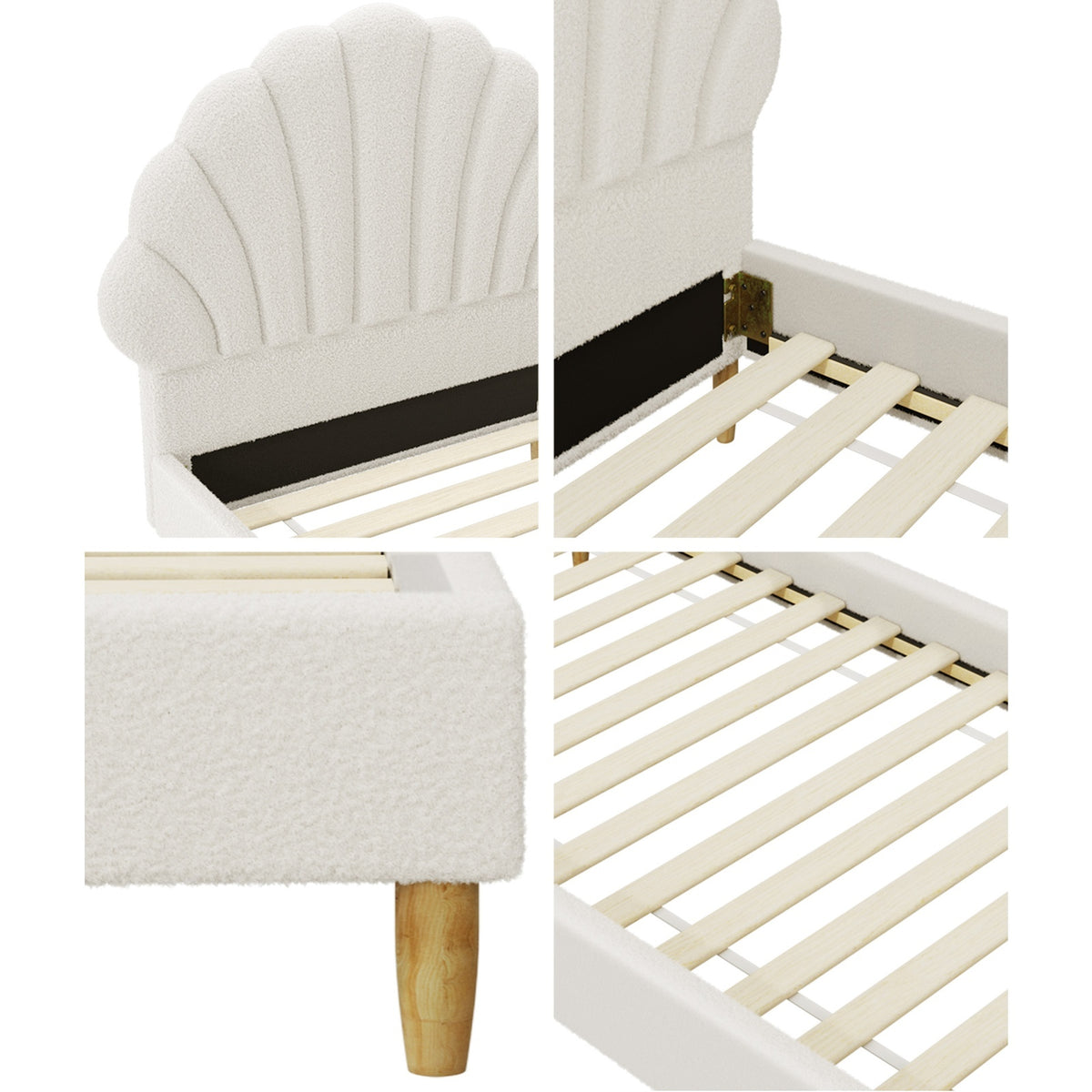 Oikiture Bed Frame Single Size Scallop-Shape Bedhead White Boucle