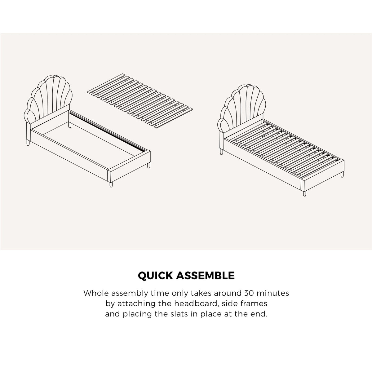 Oikiture Bed Frame Single Size Scallop-Shape Bedhead White Boucle