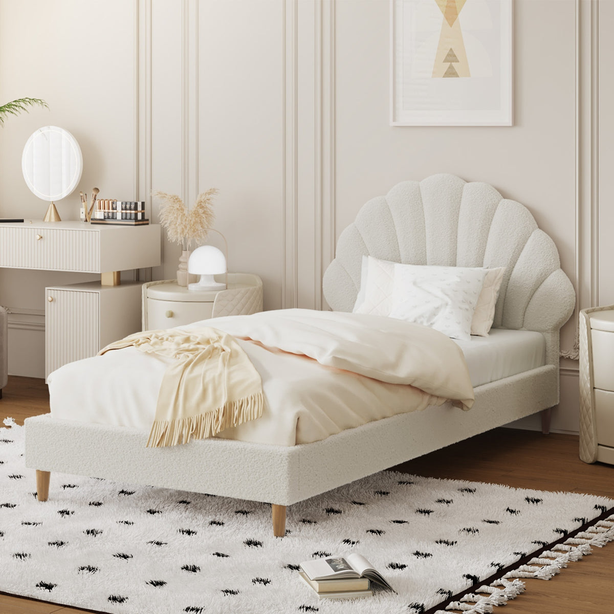 Oikiture Bed Frame Single Size Scallop-Shape Bedhead White Boucle