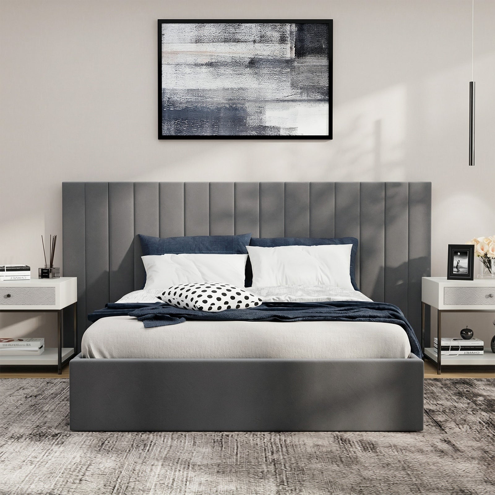 Oikiture Bed Frame Double Size Gas Lift Storage Base Oversized Headboard Velvet - Sunyee