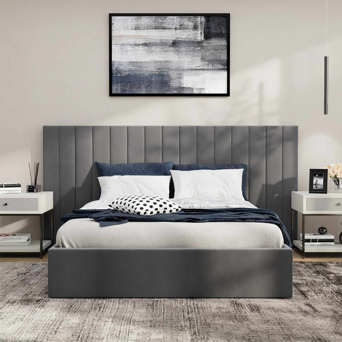 Oikiture Bed Frame Double Size Gas Lift Storage Base Oversized Headboard Velvet